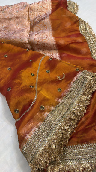 Dulhan wali saree - Rustic orange husn tissue silk hand embroidered saree