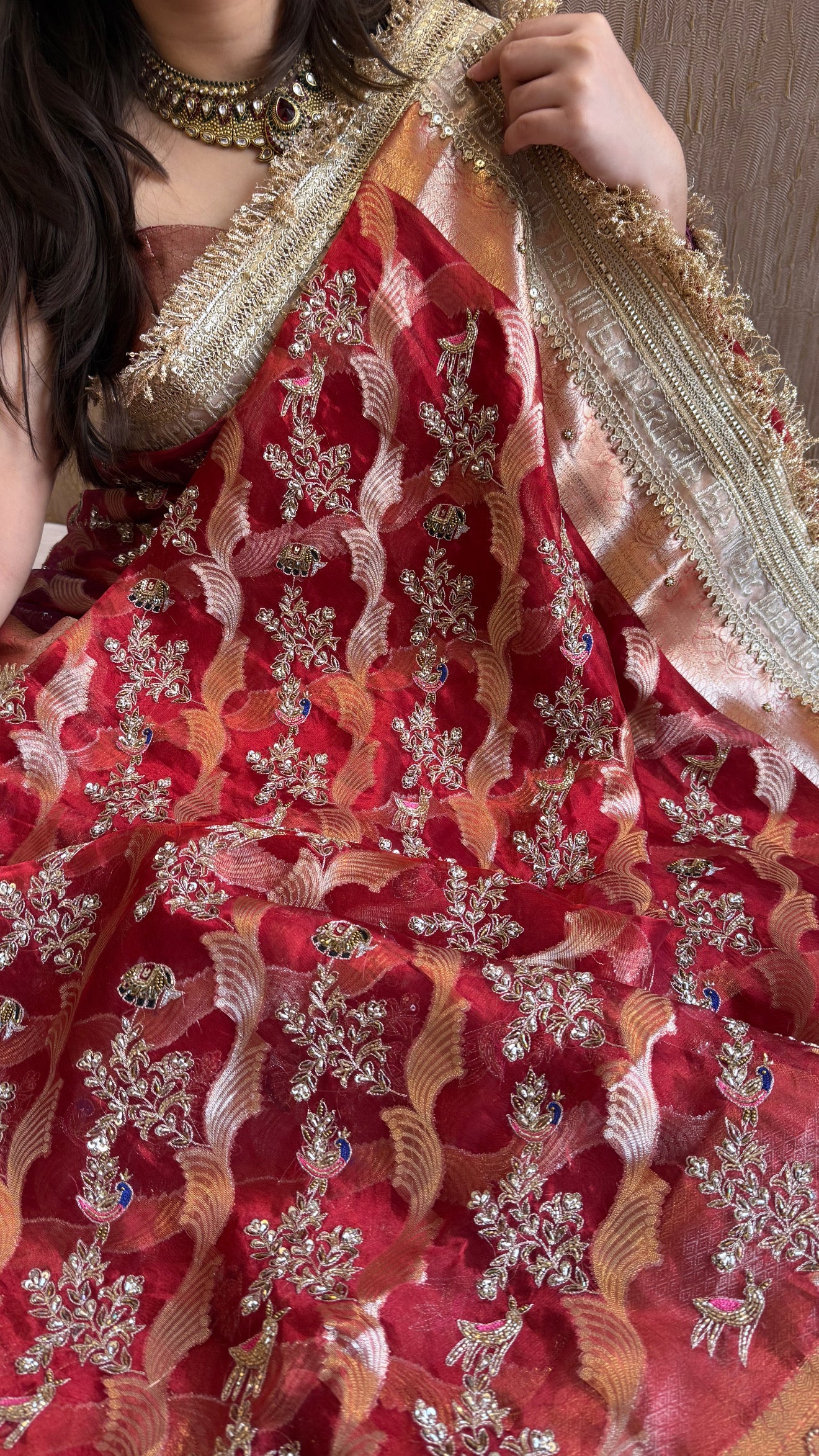 Nayi suhagan edit - Dhup chao blood red tissue silk zardozi and marodi work hand embroidered jaal work saree