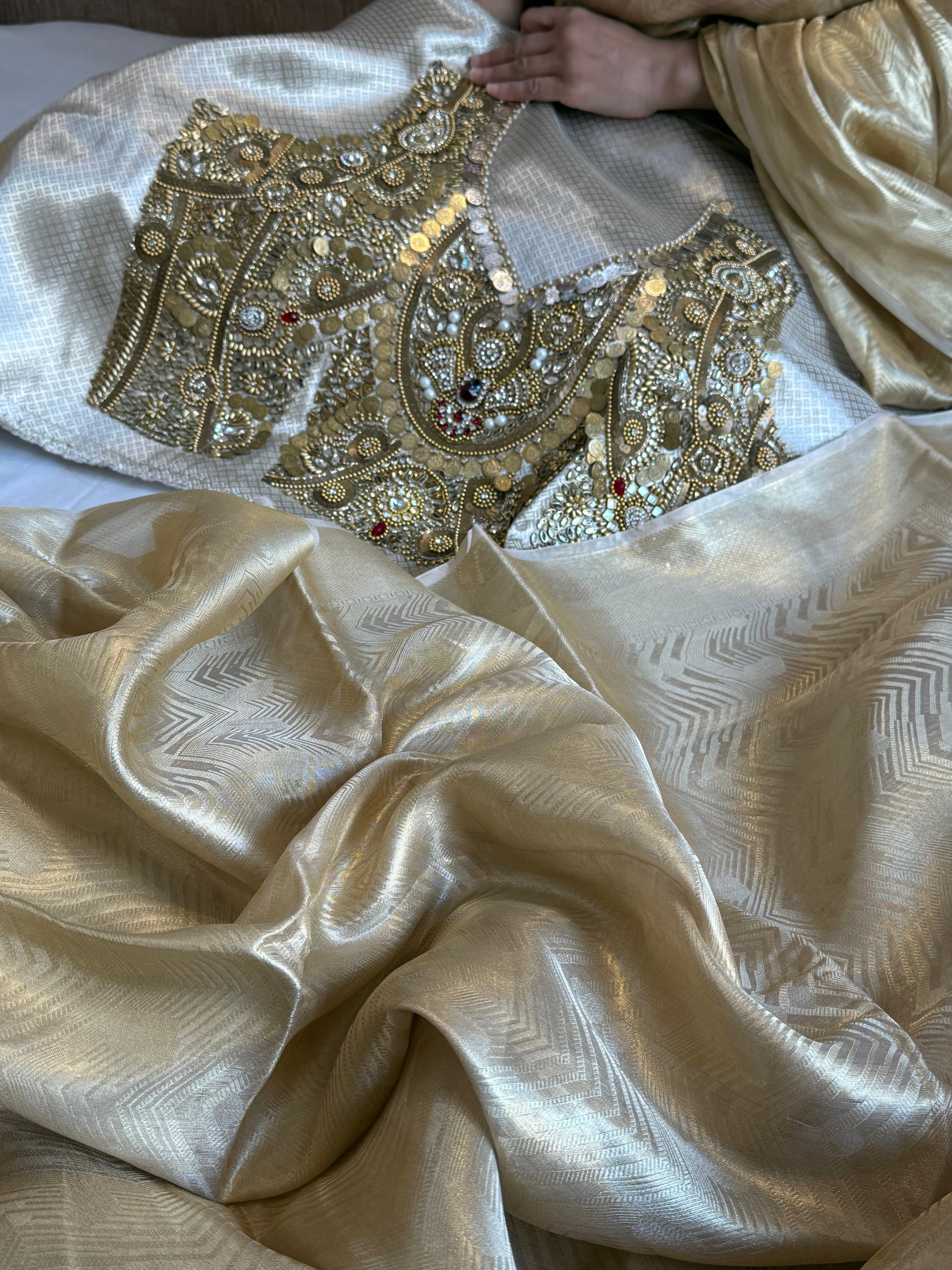 Jhanvi kapoor inspired “jadau edit” tissue brocade saree with jadau hand embroidered blouse piece