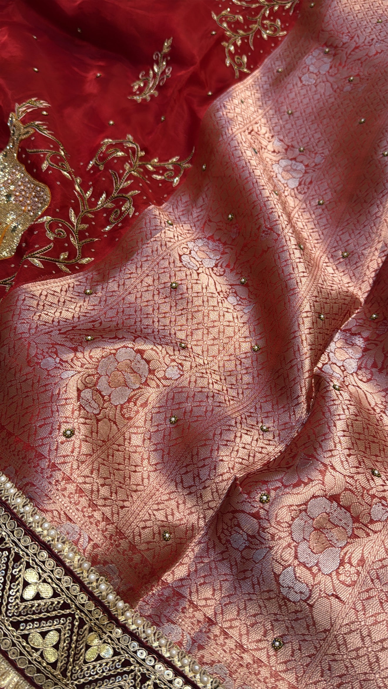 Blood red deer motif husn tissue silk hand embroidered kadhwa saree