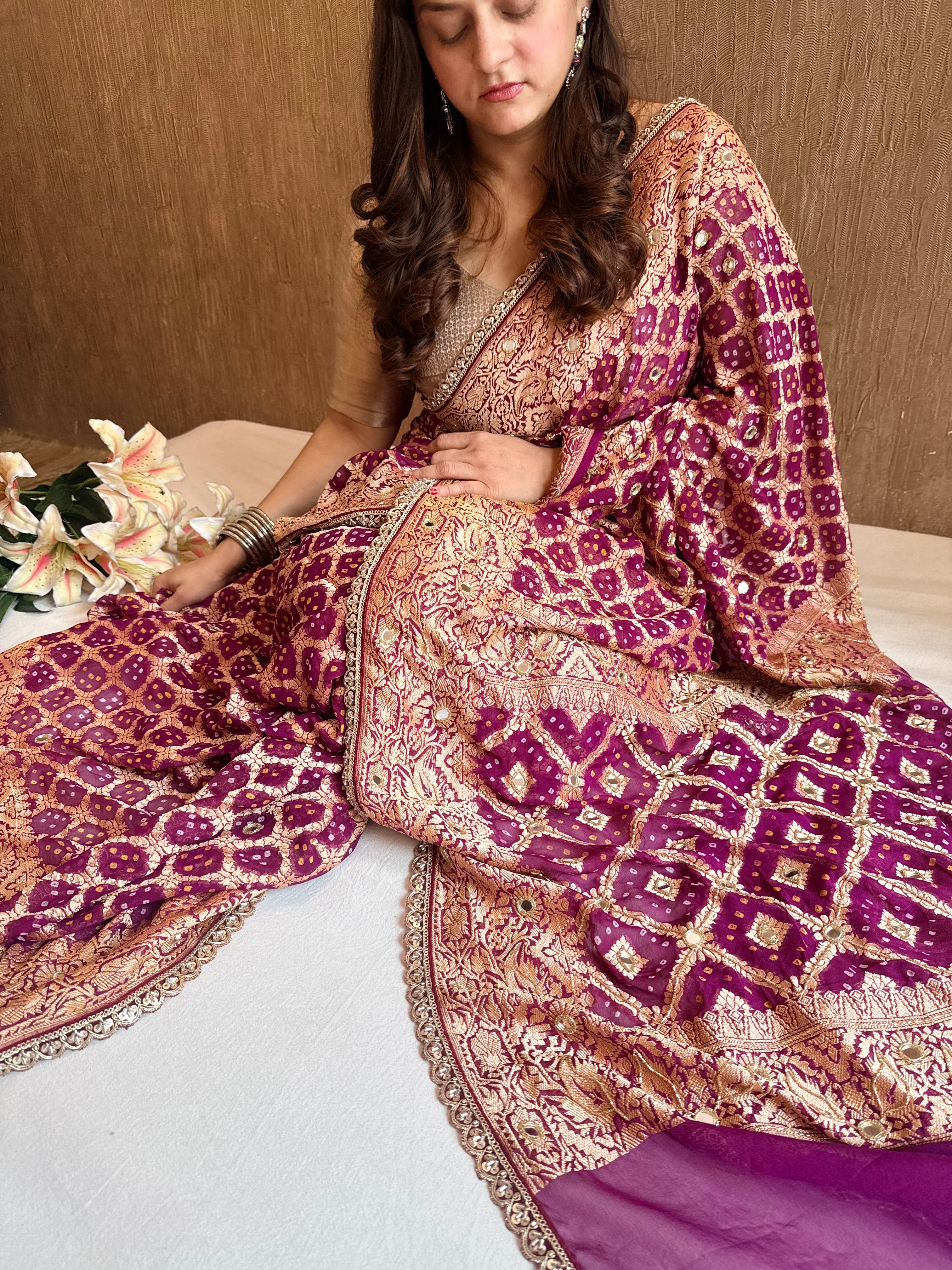Banarasi chiffon gorgette rai bandhej kadhwa weaving hand embroidered saree