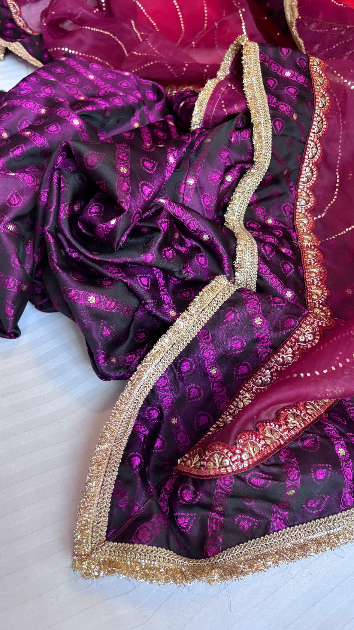 Falsa wine mashru tanchoi silk suit set with kora silk mukaish badla duppata set