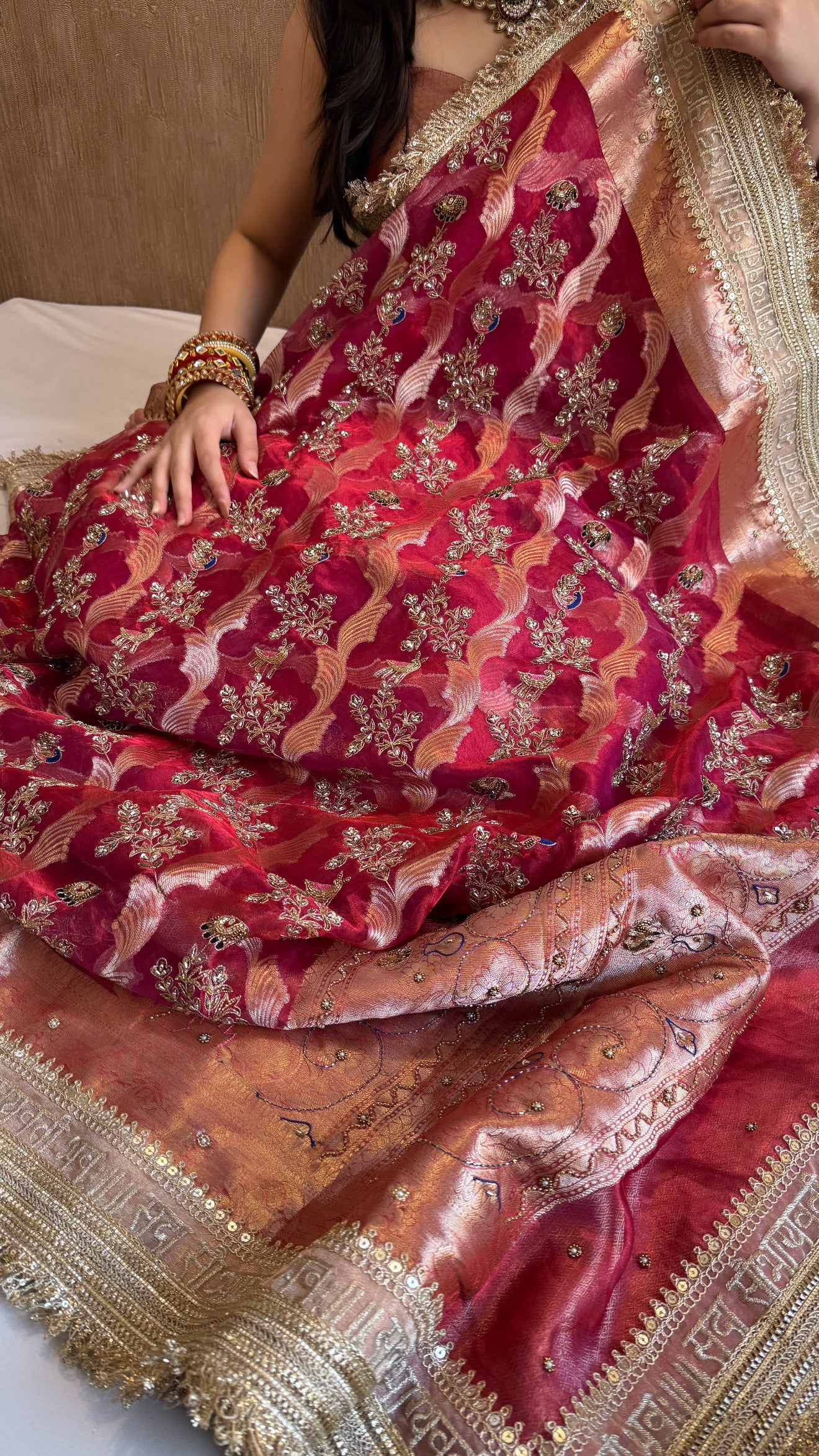 Nayi suhagan edit - Cranberry blood red tissue silk zardozi and marodi work hand embroidered jaal work saree