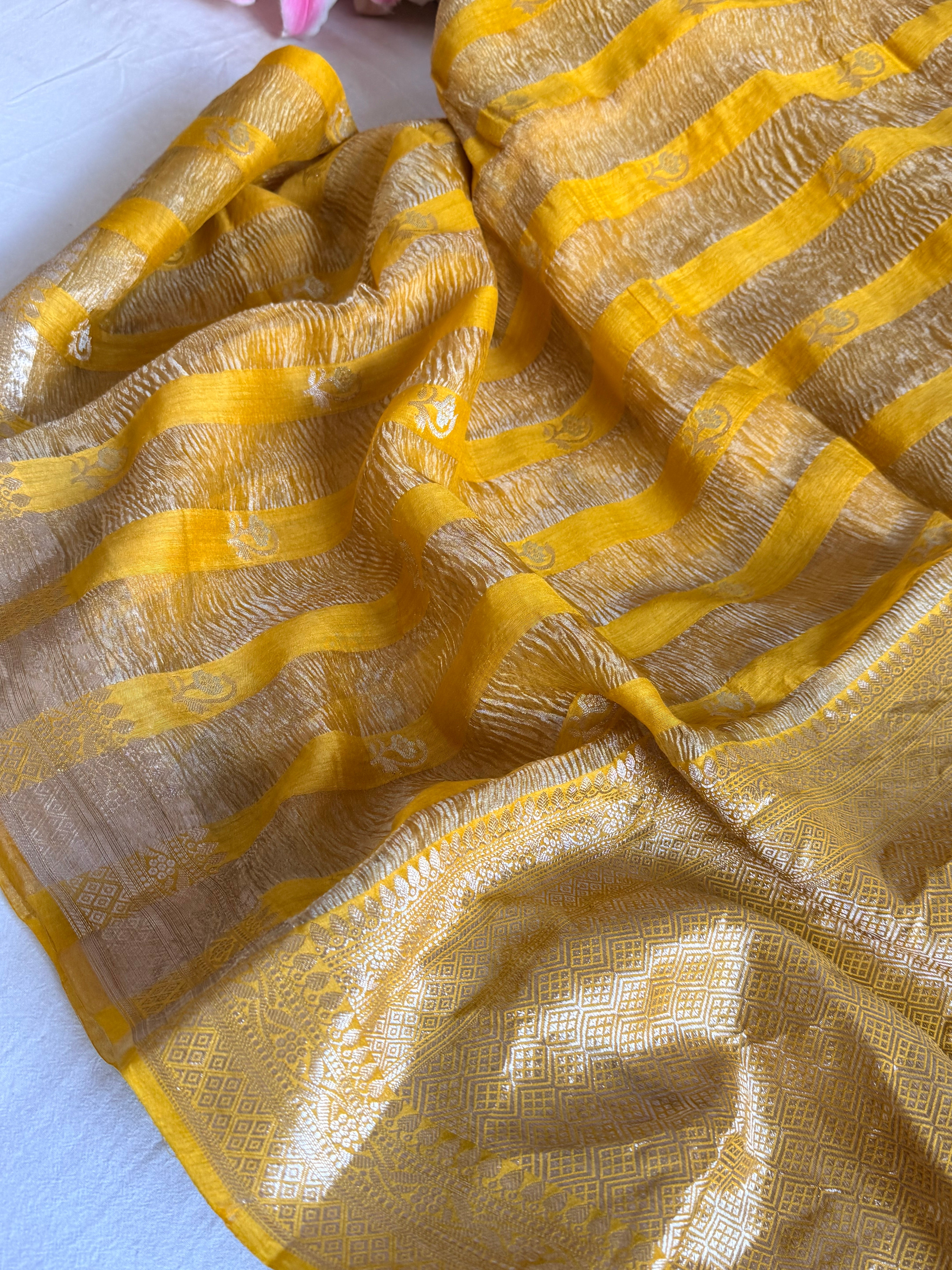 Below 10k - Crushed raw mango silk and tissue silk kadhwa border saree