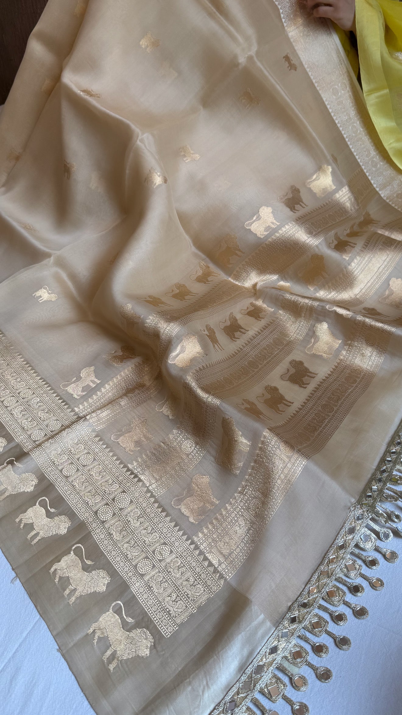 Champagne gold kora silk hand embroidered kadhwa saree