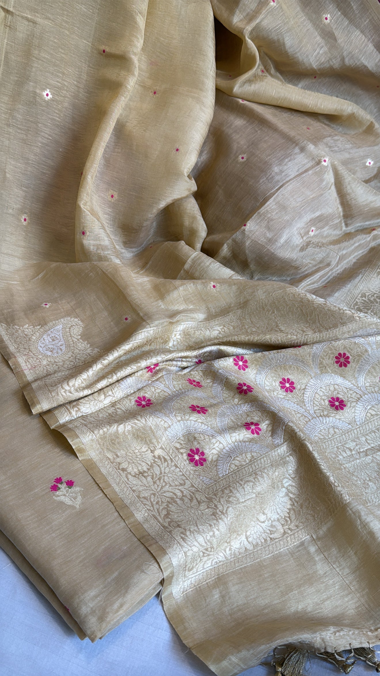 Soft beige linen gorgette kadhwa meenakari suit set