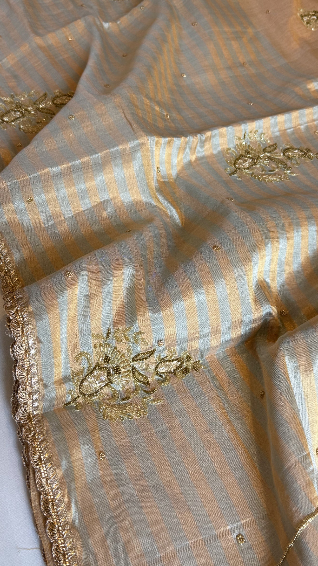 Golden satin tissue silk heavy hand embroidered kadhwa saree