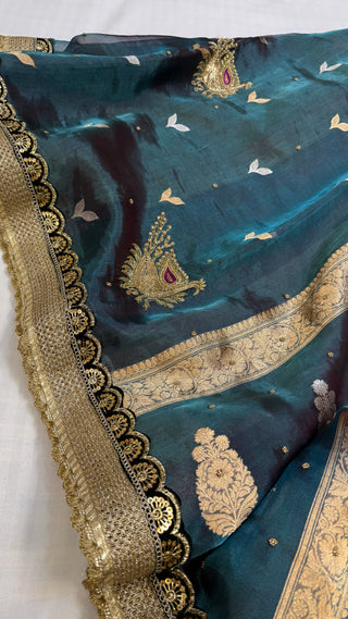 Baarat wali saree - Peacock blue husn tissue silk hand embroidered saree