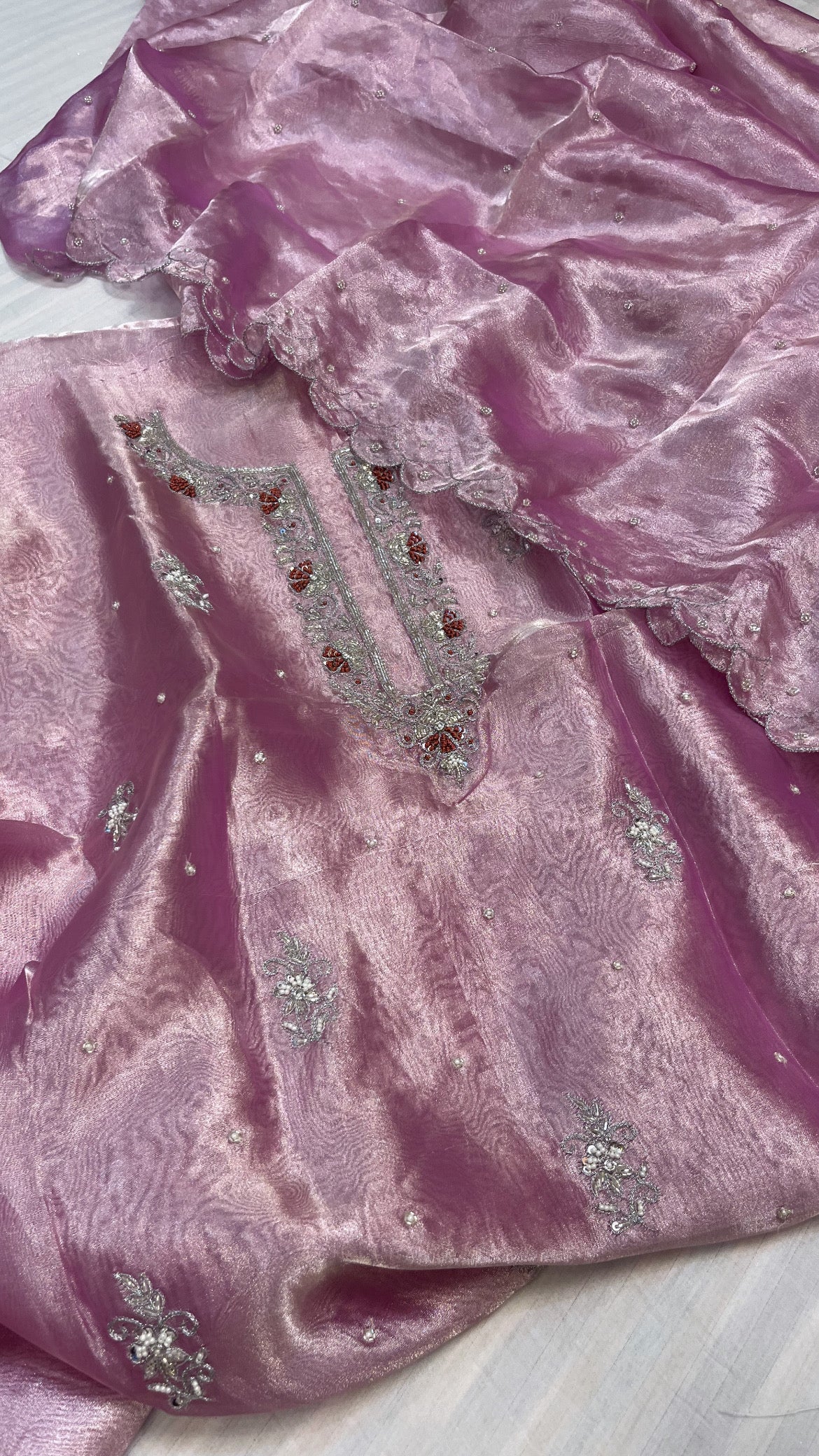 Powder pink diamond tissue sikk hand embroidered suit set