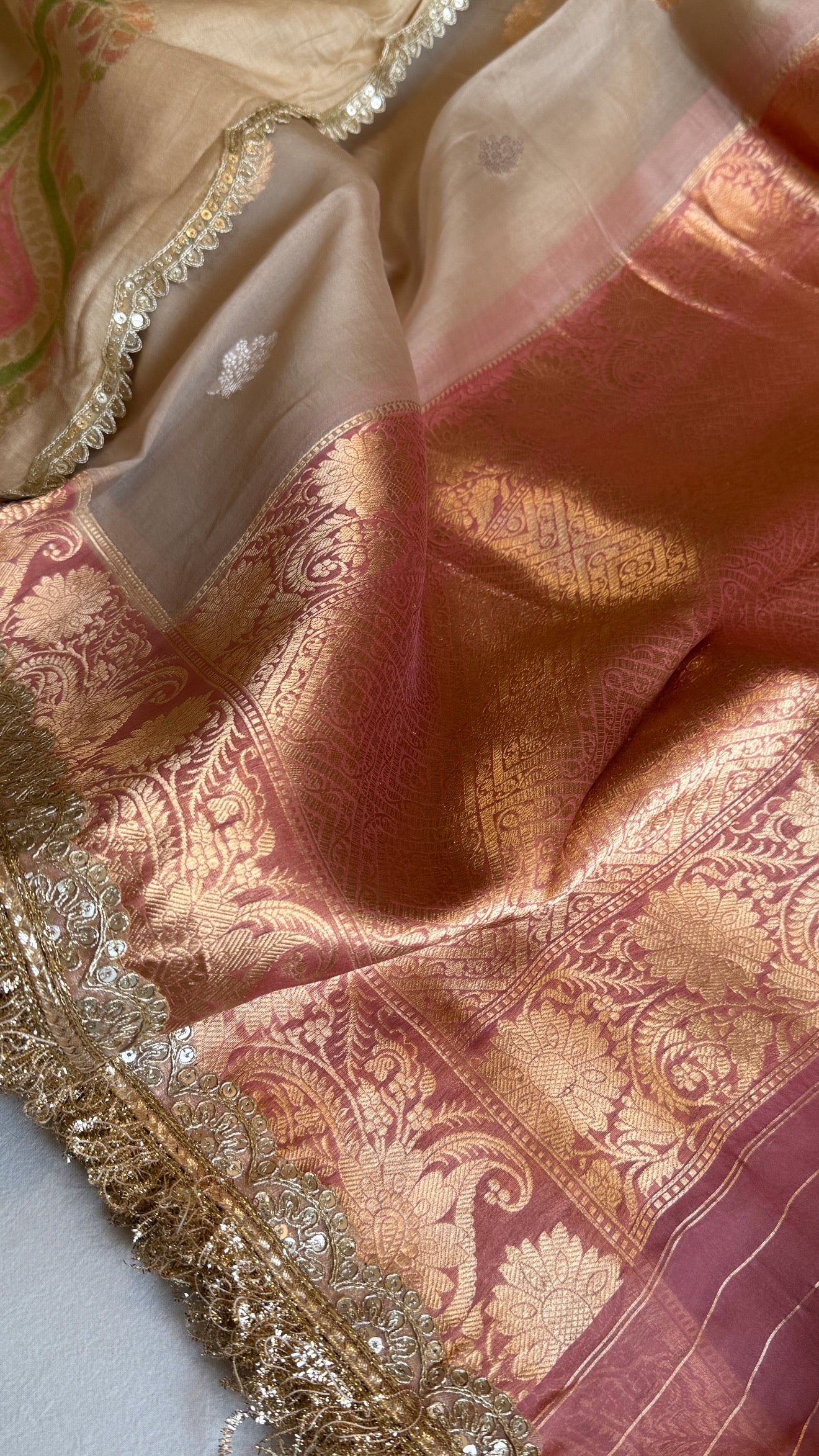 Kora silk chap dye contrast border kadhwa saree paired with moonga silk duppata