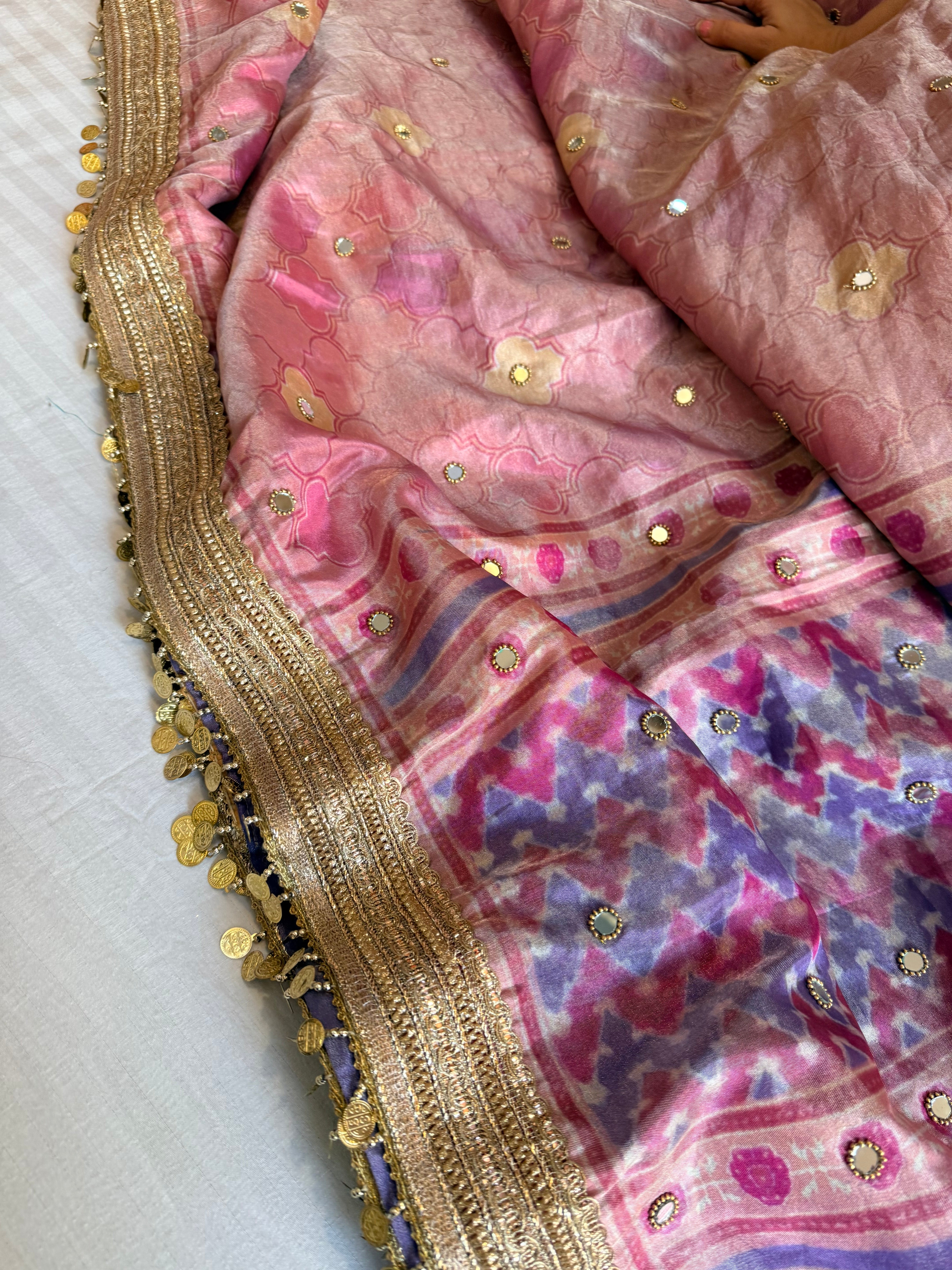Printed tissue silk hand embroidered kadhwa gotapatti saree