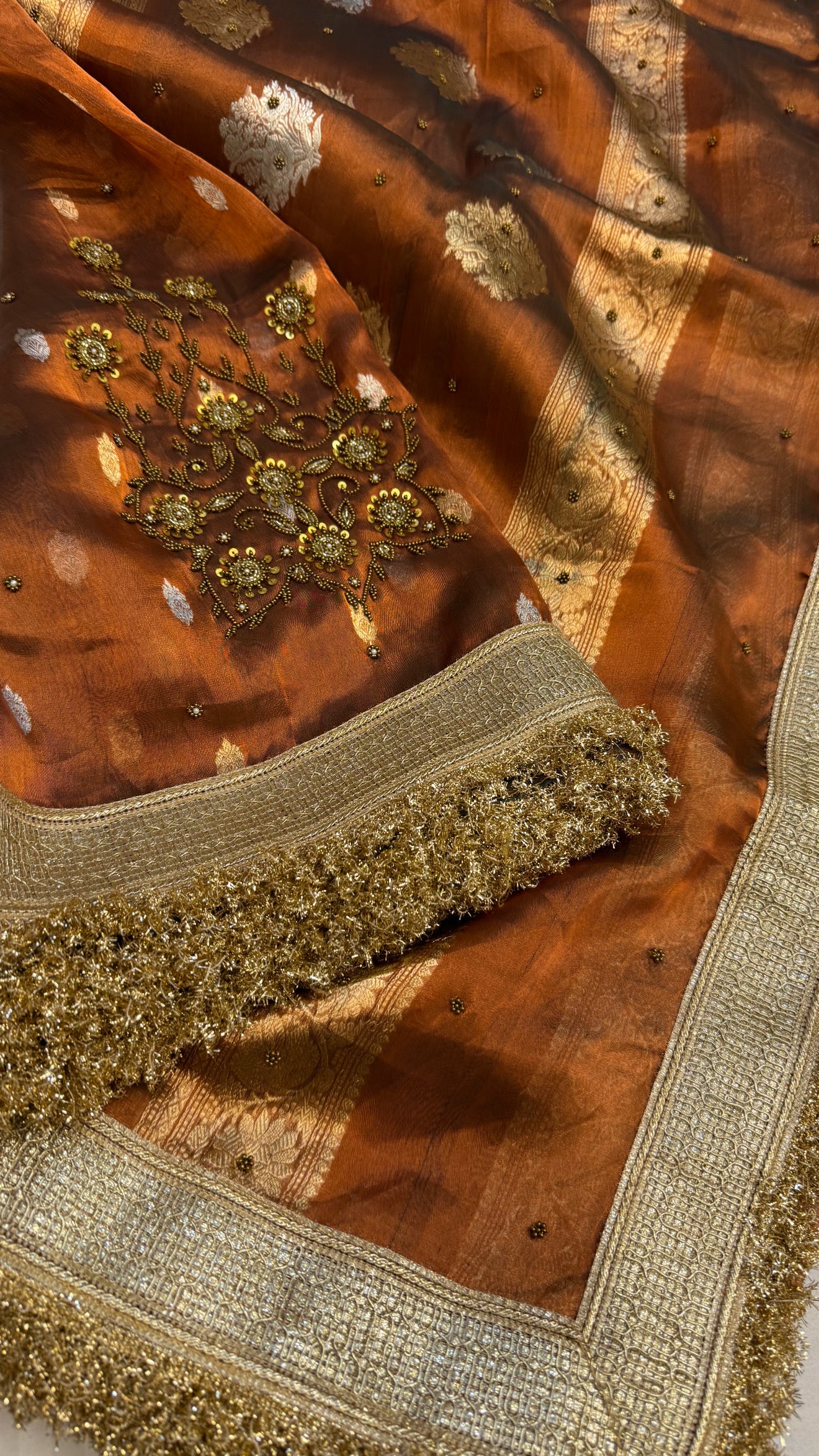 Cocktail edit sarees - Bronze tissue silk heavy hand embroidered sarees