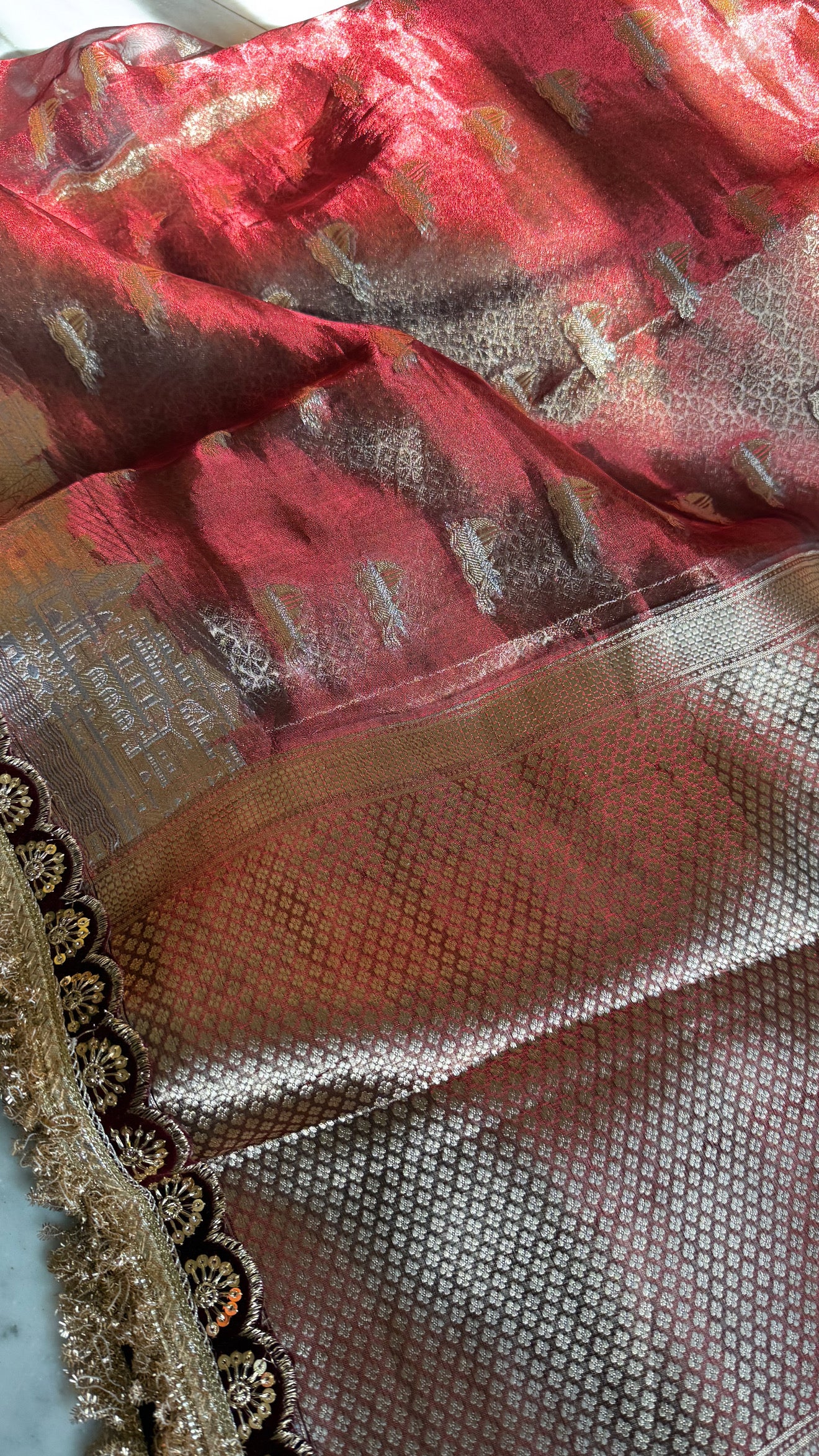 Teej special- Midnight blood red kadhwa buti maharani tissue silk saree