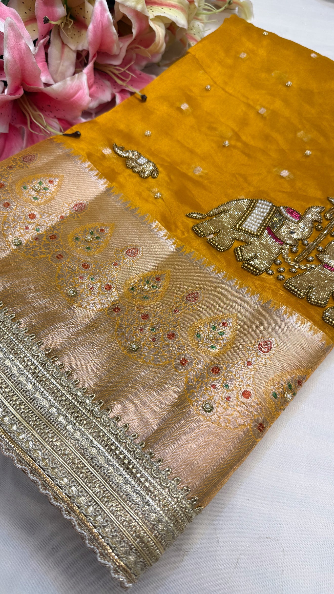 Karwachauth special - Haldi yellow tissue silk elephant motif hand embroidered saree