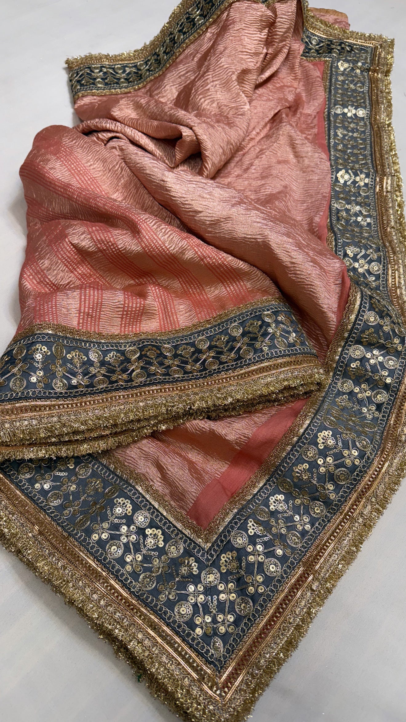 Moonga crushed tissue silk soft peach saree