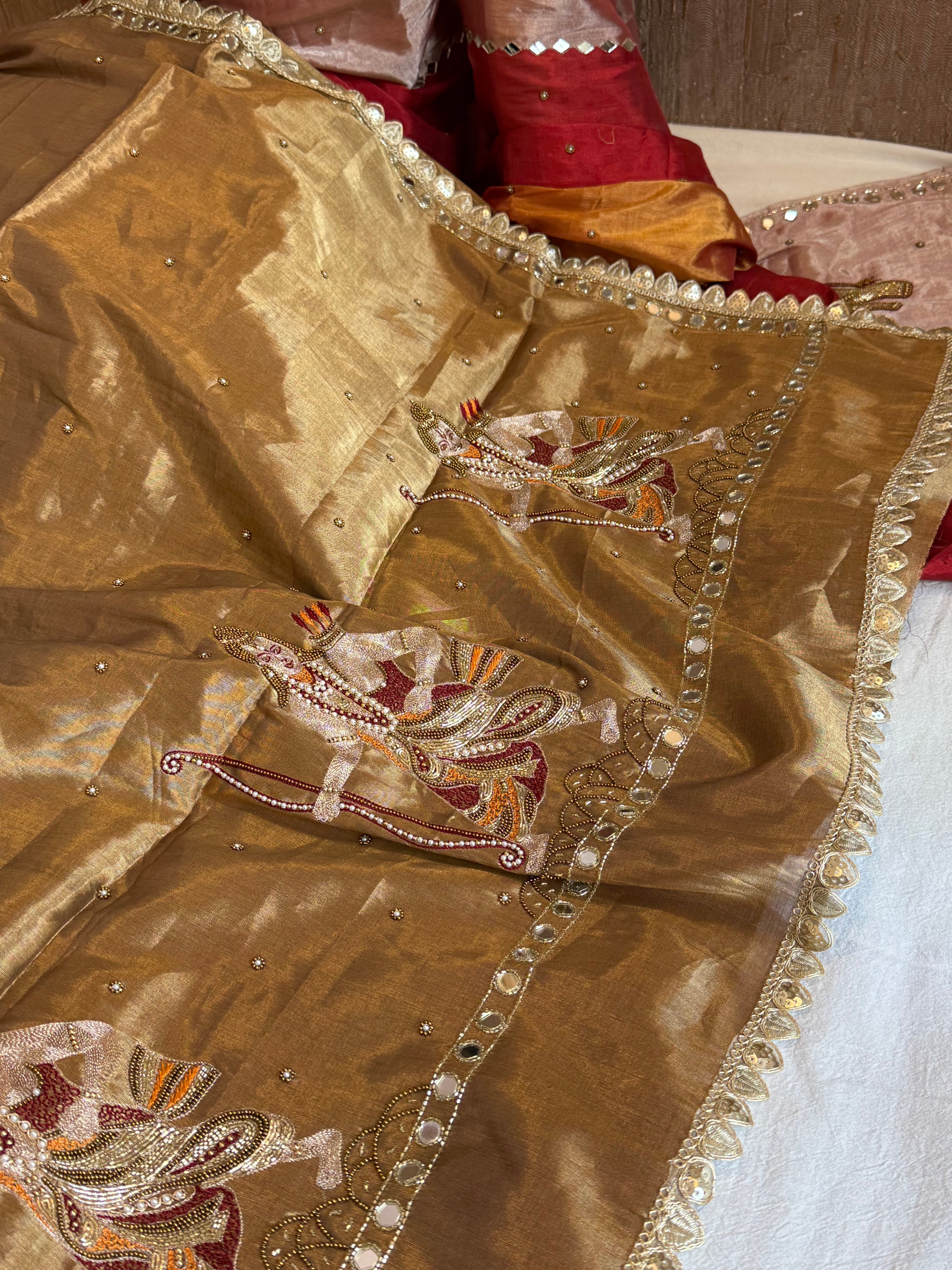 Satin tissue silk soft antique gold hand embroidered kadhwa saree