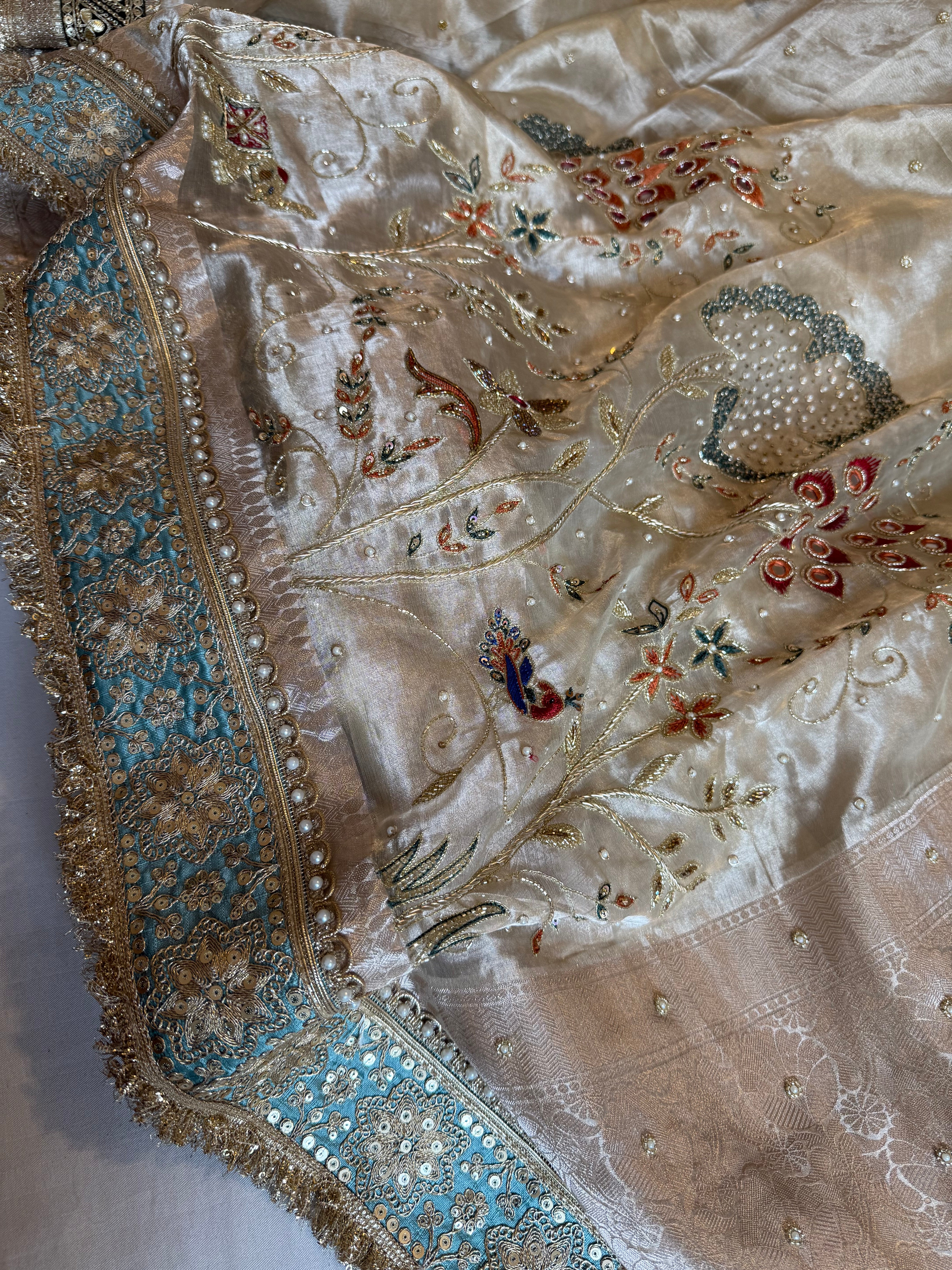 Kutchi inspired “sheesham edit” mirror work and meenakari hand embroidered saree