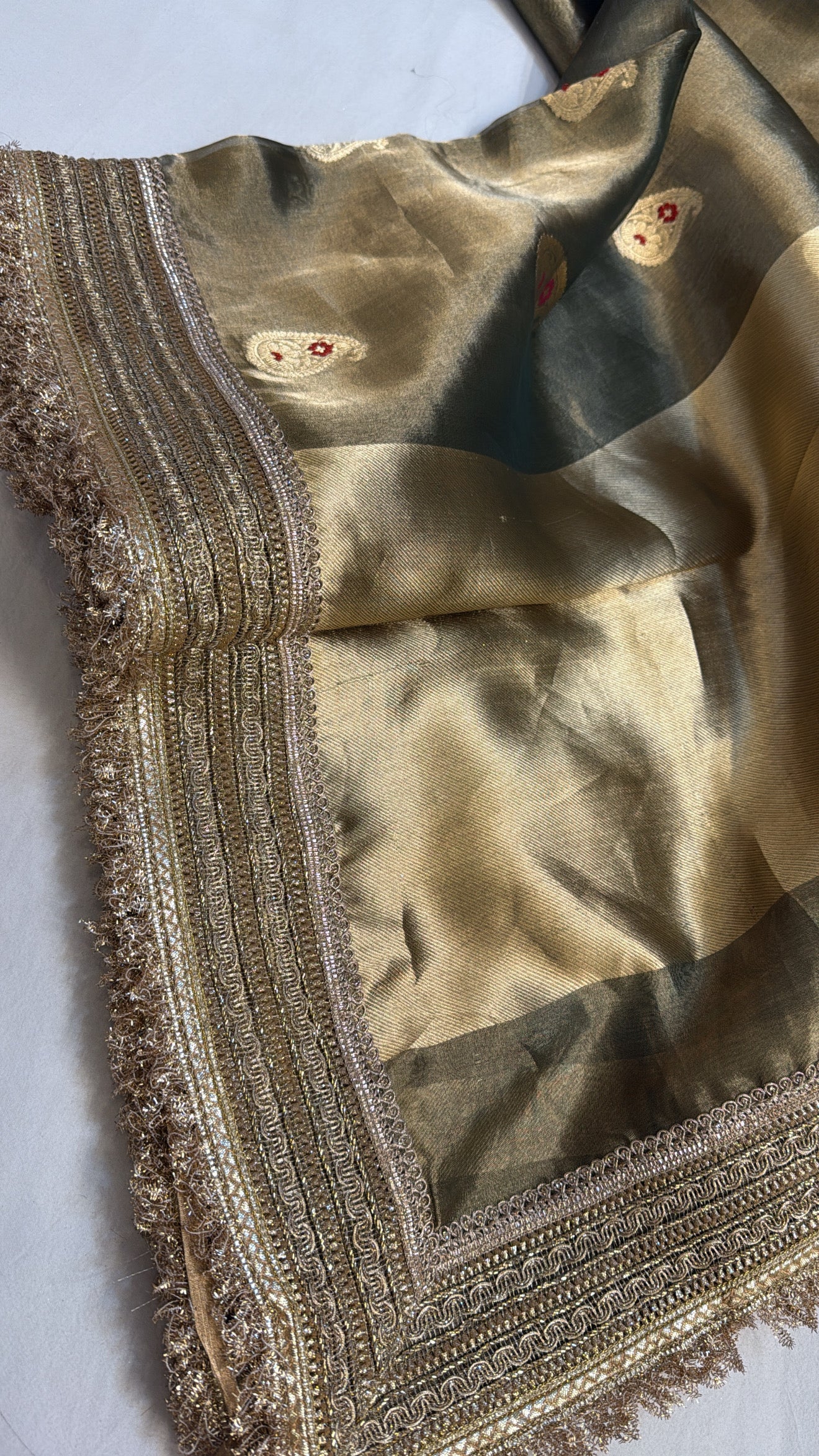 Sage green tissue silk meenakari maharani tissue silk saree