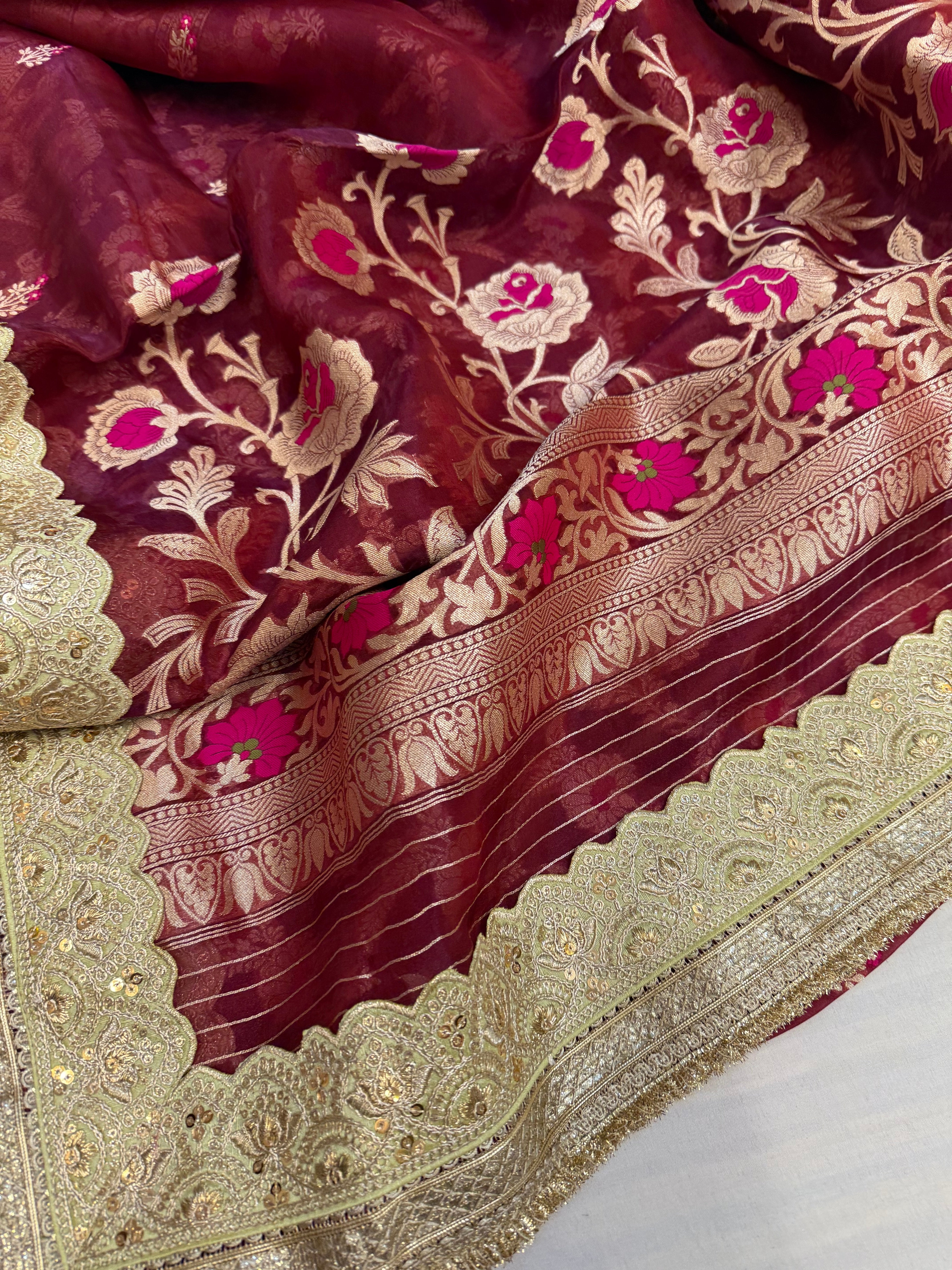 Cranberry pink maharani tissue silk meenakari saree
