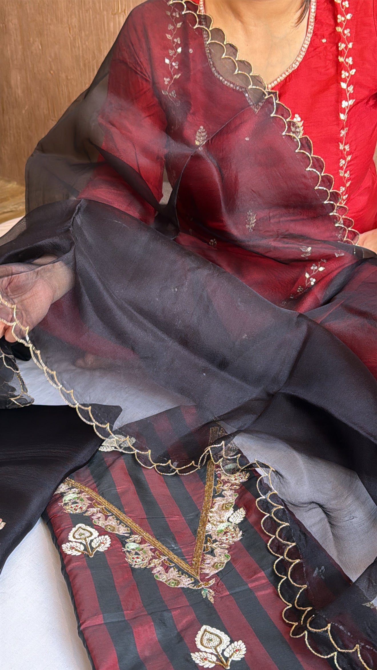 Black-red dhup chao effect katan silk striped kurta paired with Kora silk duppata set