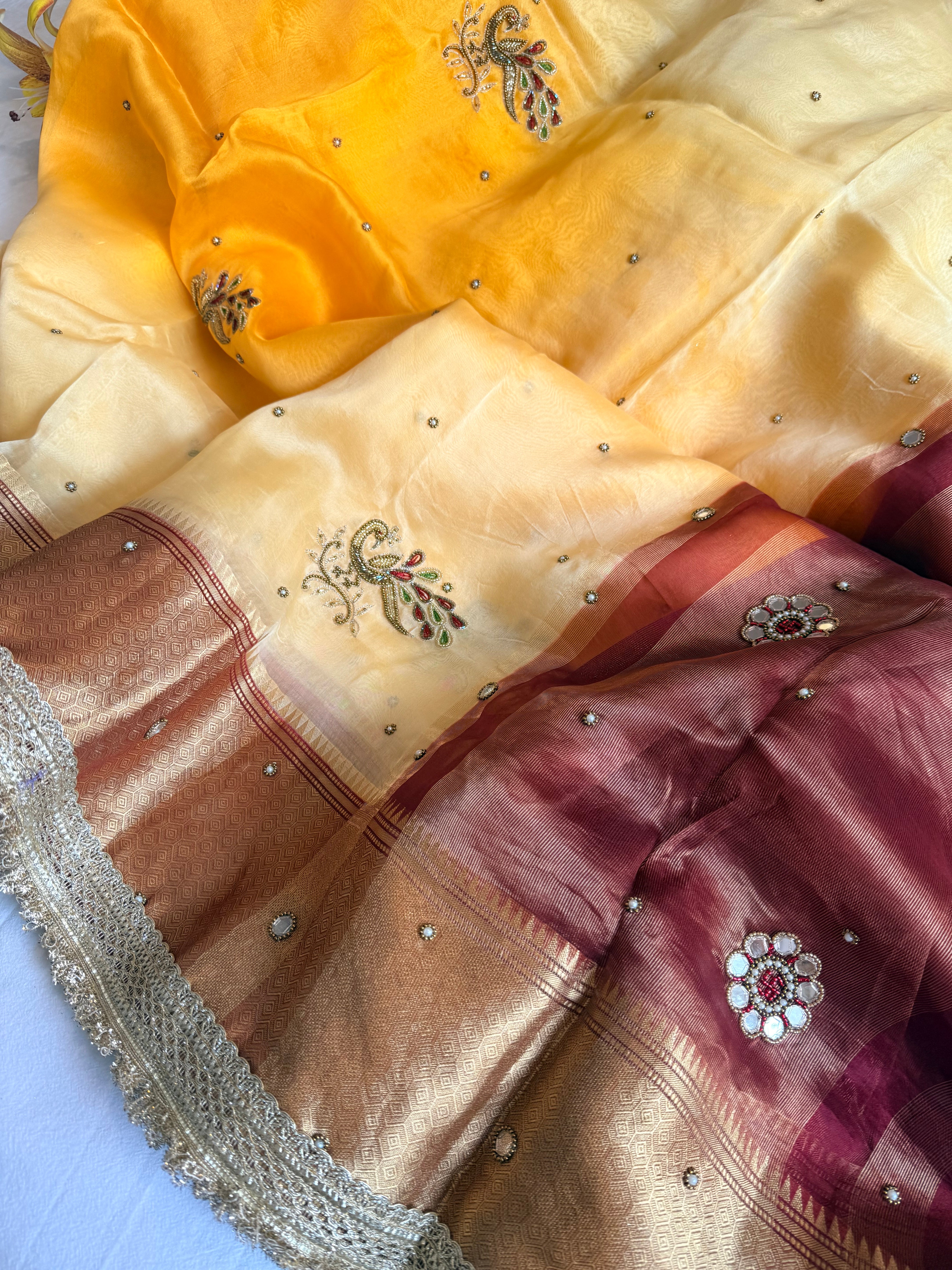 Husn ganga jamuna contrast border kora silk hand embroidered saree