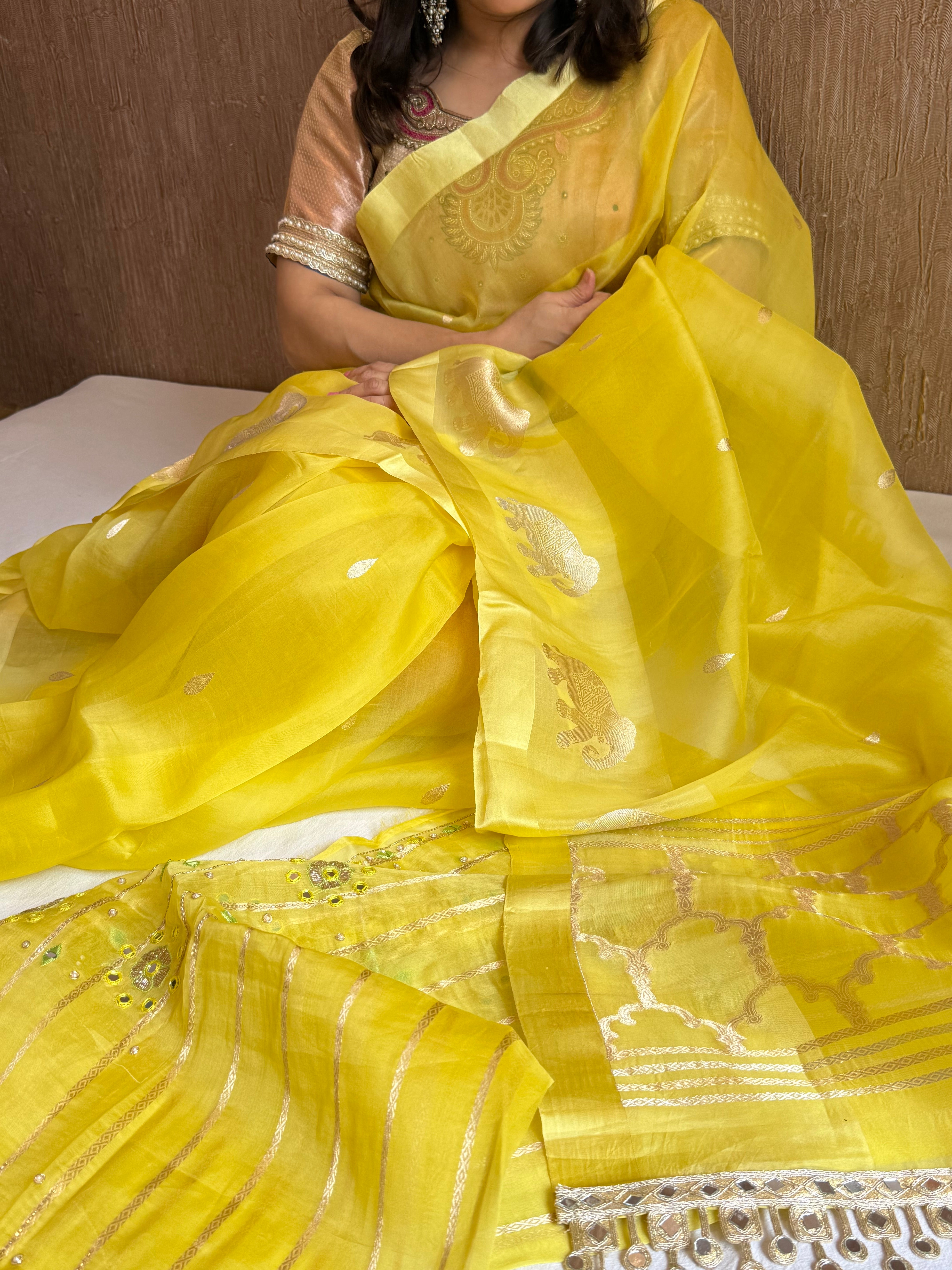 Lemon yellow banarasi kora silk hand embroidered saree