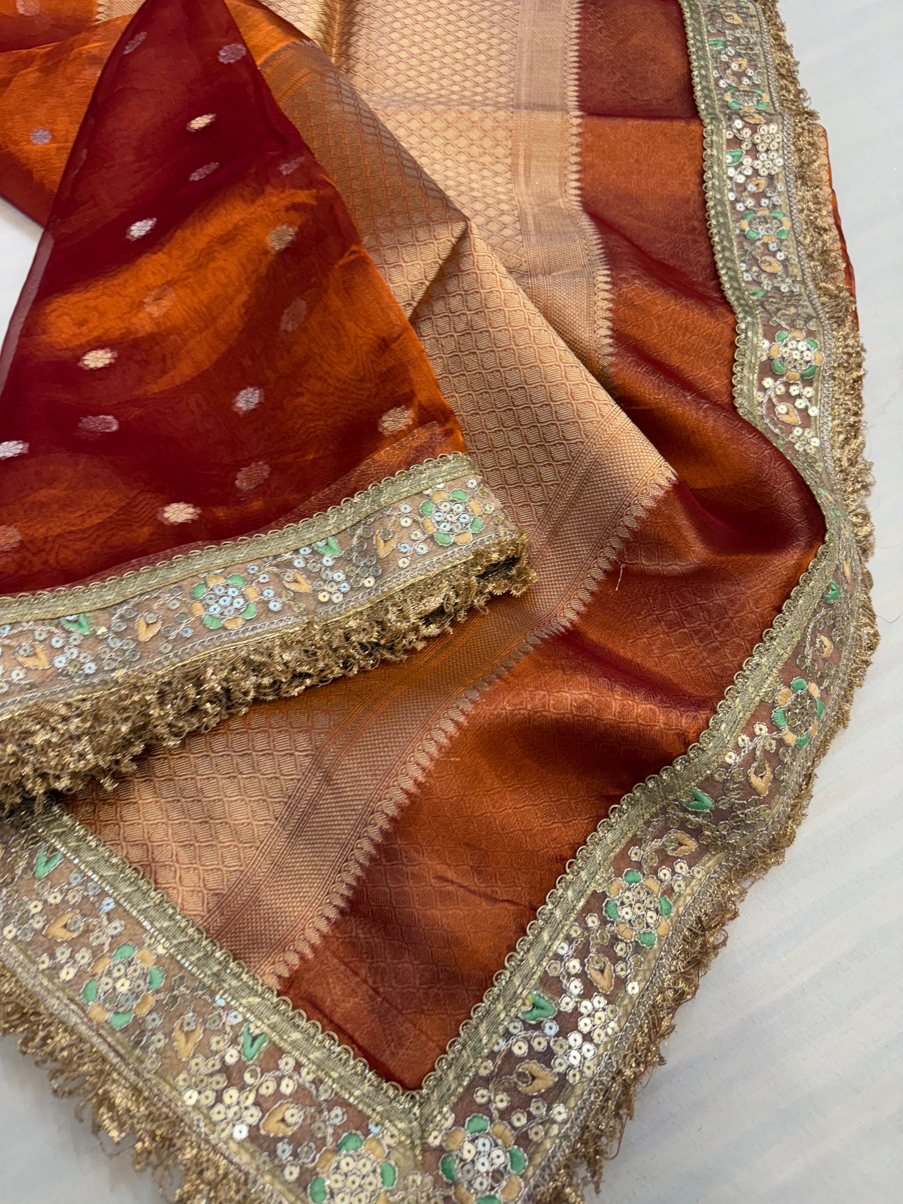 Bright fanta orange maharani tissue silk kadhwa saree