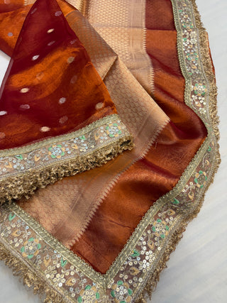 Bright fanta orange maharani tissue silk kadhwa saree