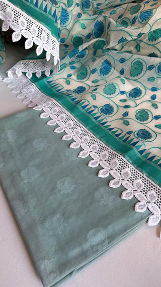 Sage green mul cotton banarasi resham meenakari kadhwa suit set