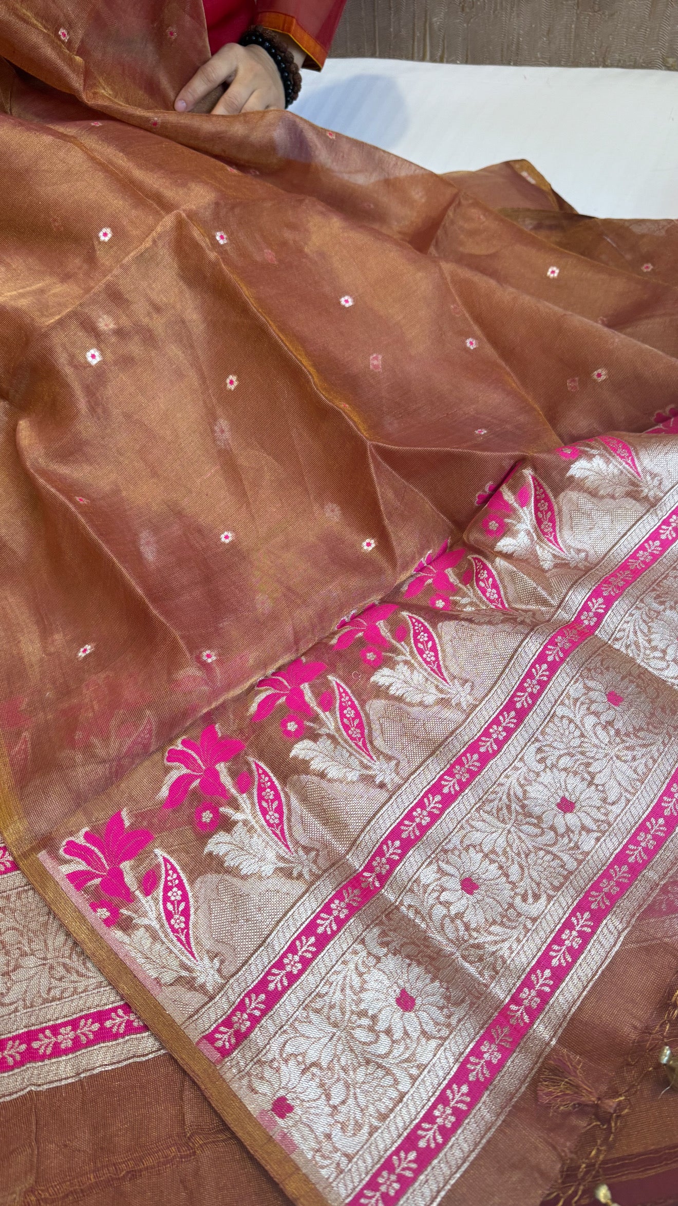 Linen tissue rust orange kadhwa meenakari suit sets