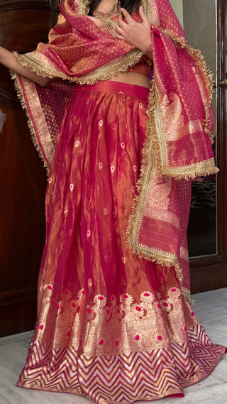 “Kali wala lahenga” — Rani pink semi stitched banarasi tissue silk lehenga set