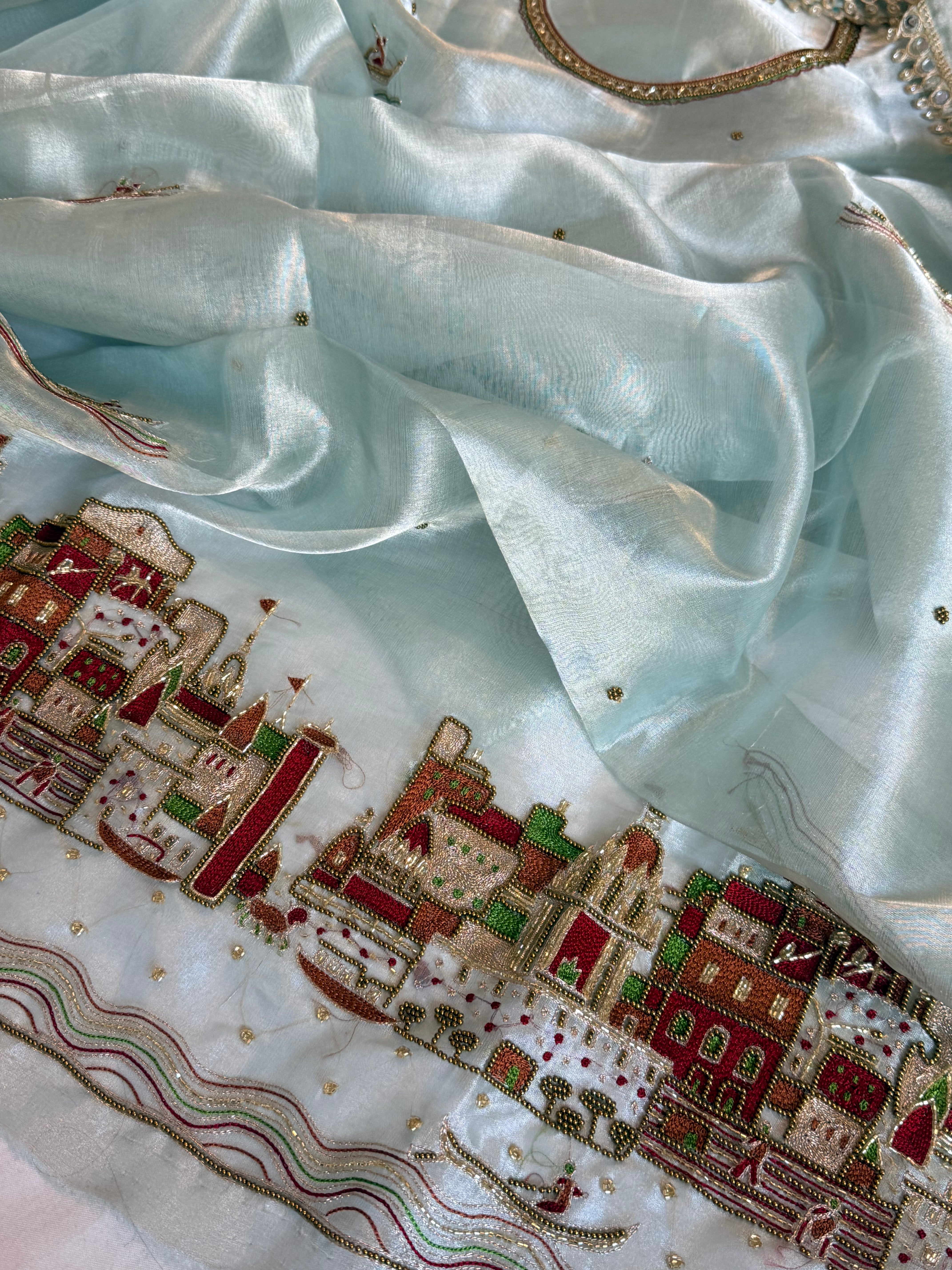 Ghat Banarasiya edit - Ice water blue diamond tissue silk hand embroidered suit