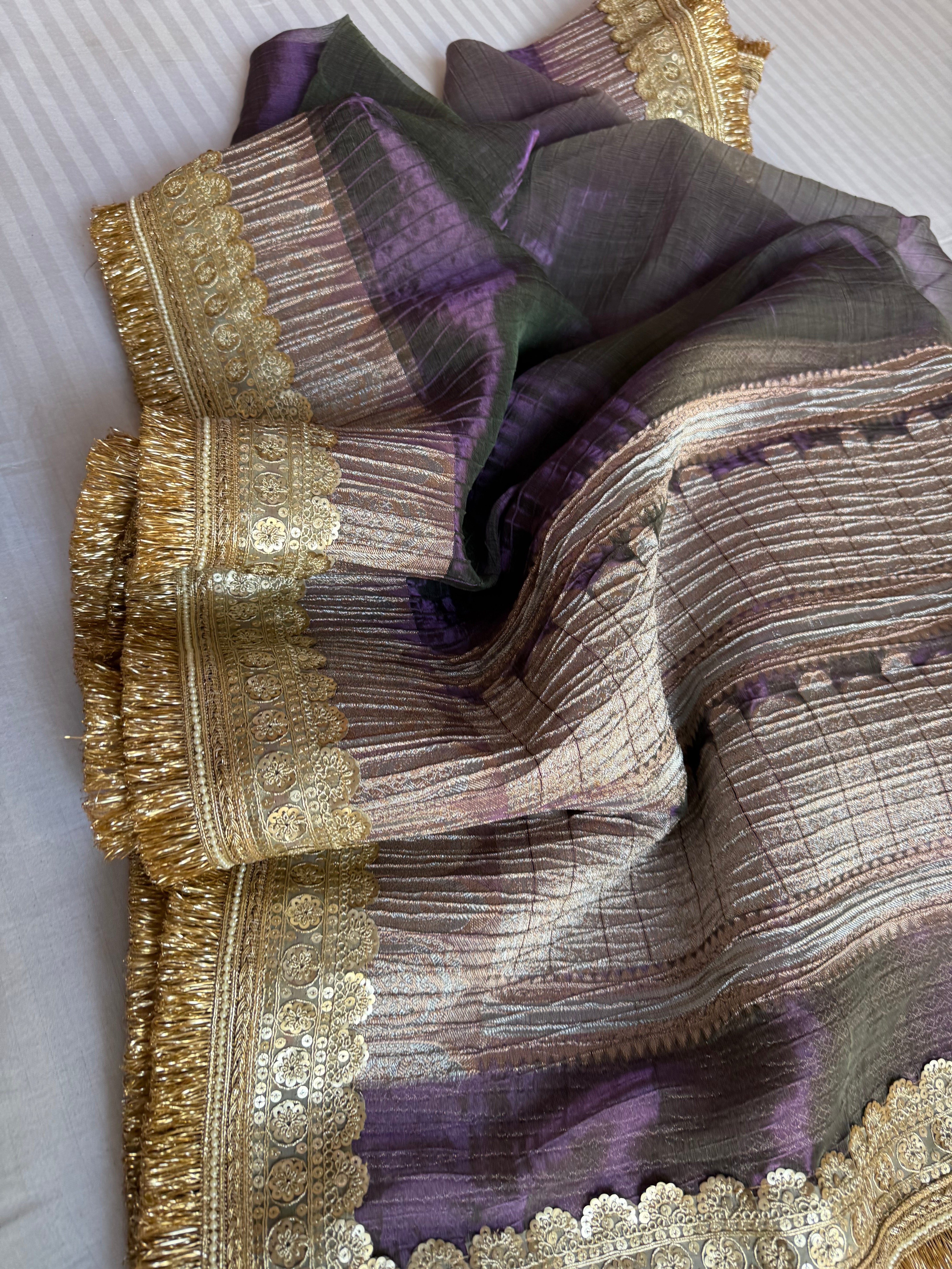 Space purple dhup chao effect pleated maharani tissue silk saree