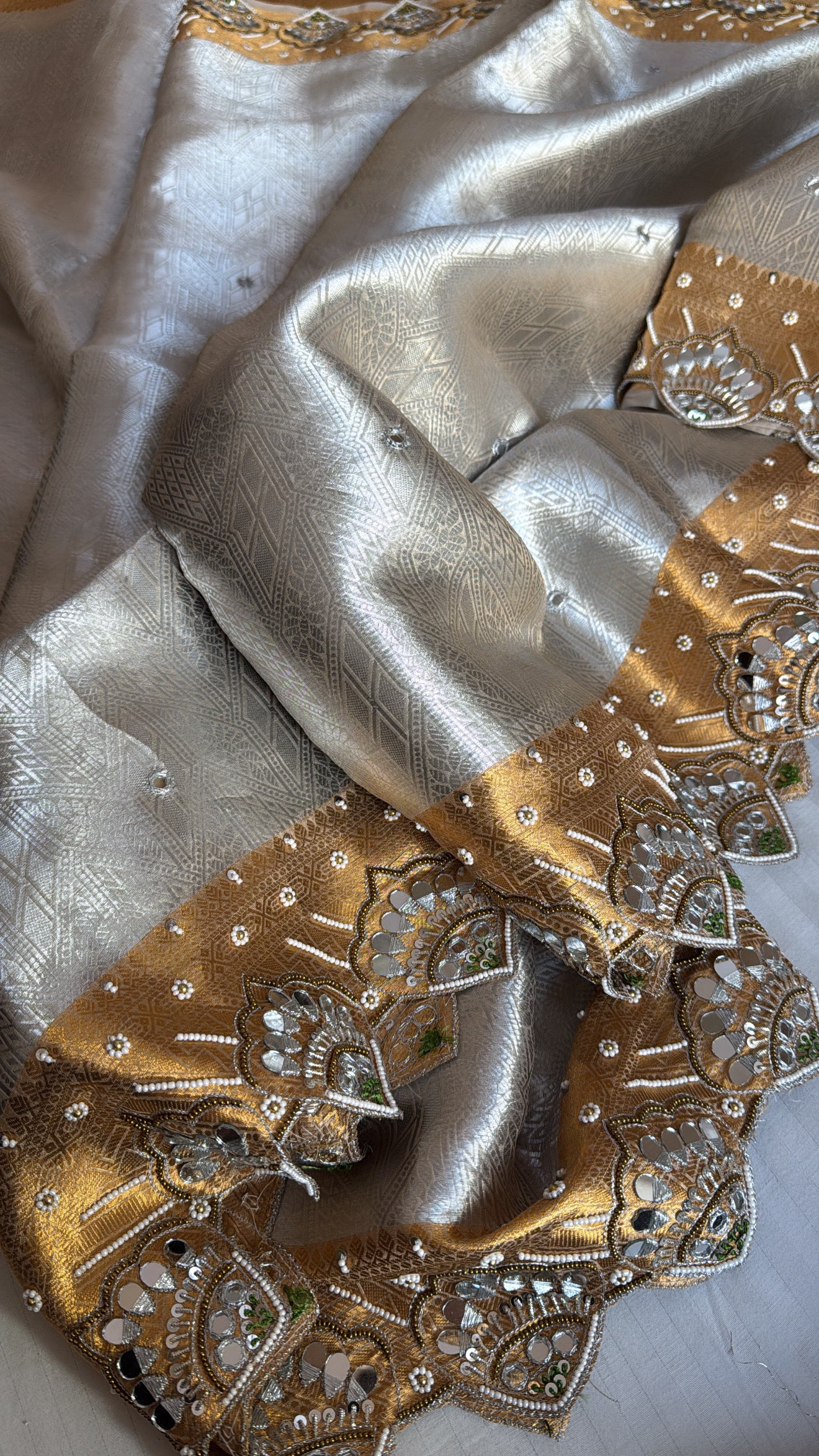 Kanjivaram inspired banarasi tissue silk sona rupa weaving zardozi and mirror work hand embroidered saree