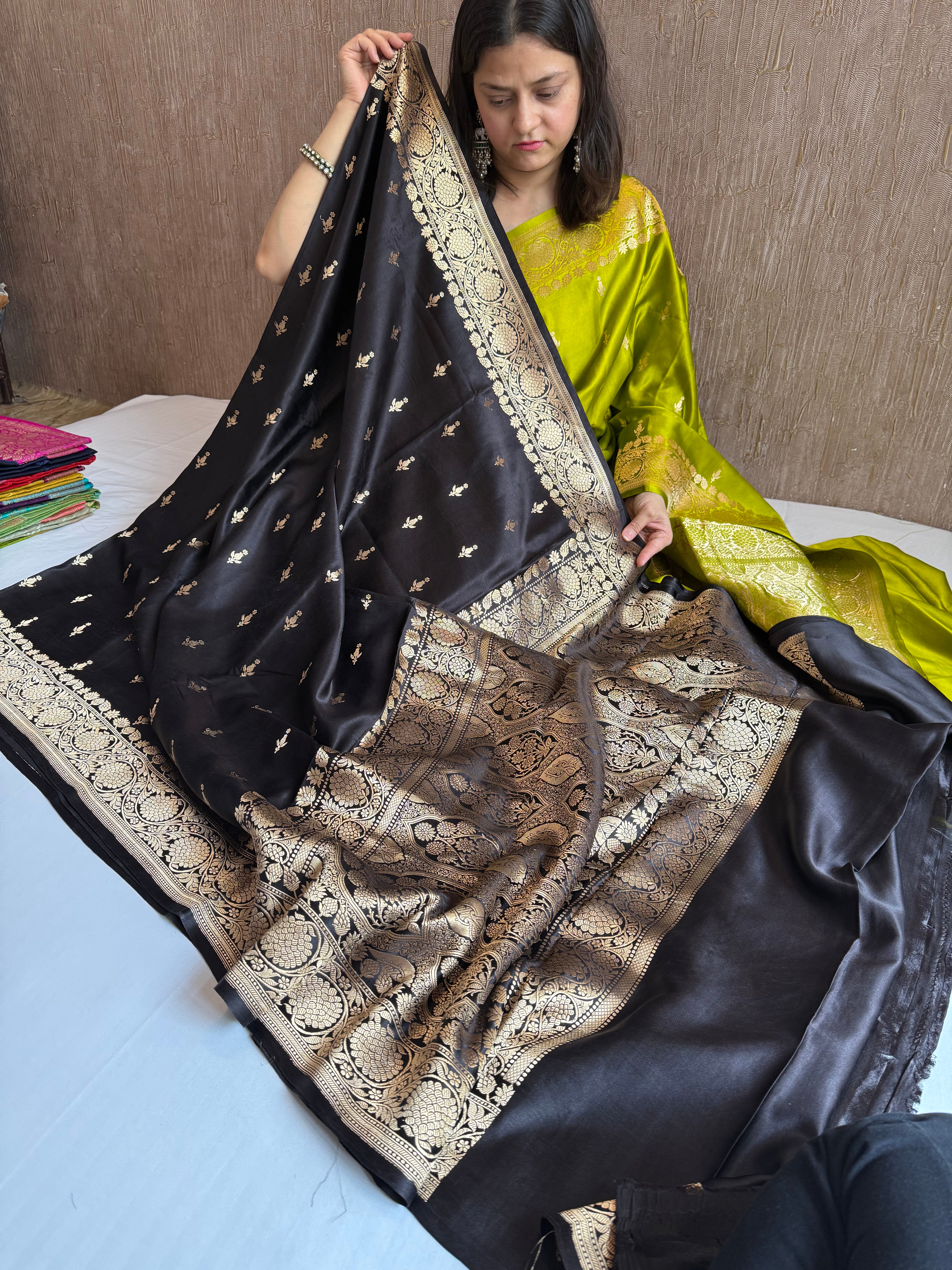 Jet black banarasi mashru silk kadhwa buti saree