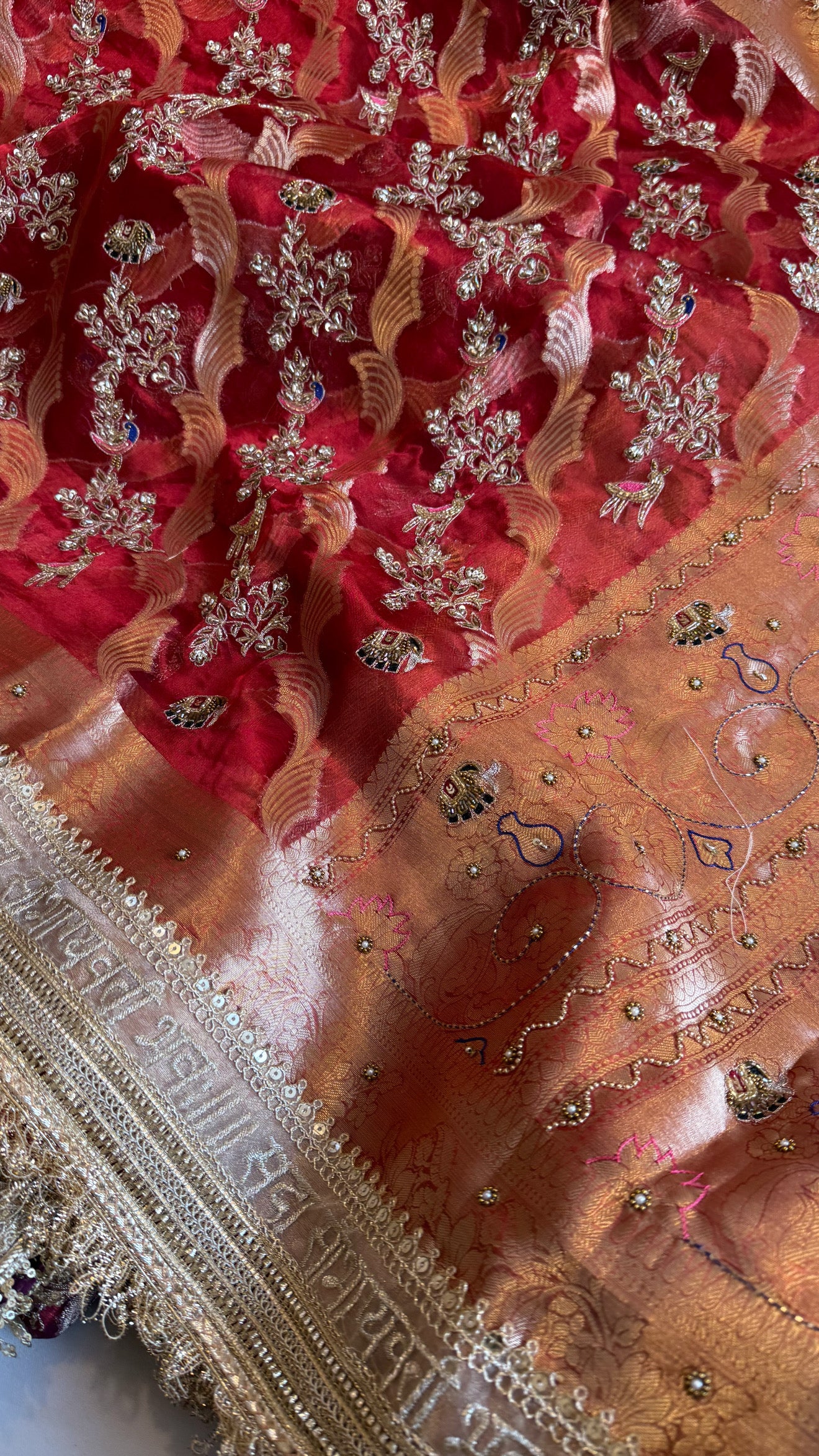 Nayi suhagan edit - Dhup chao blood red tissue silk zardozi and marodi work hand embroidered jaal work saree