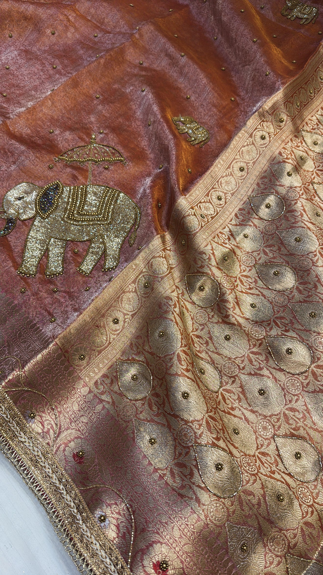 Wedding edit - Husn fanta orange tissue silk elephant motif hand embroidered saree