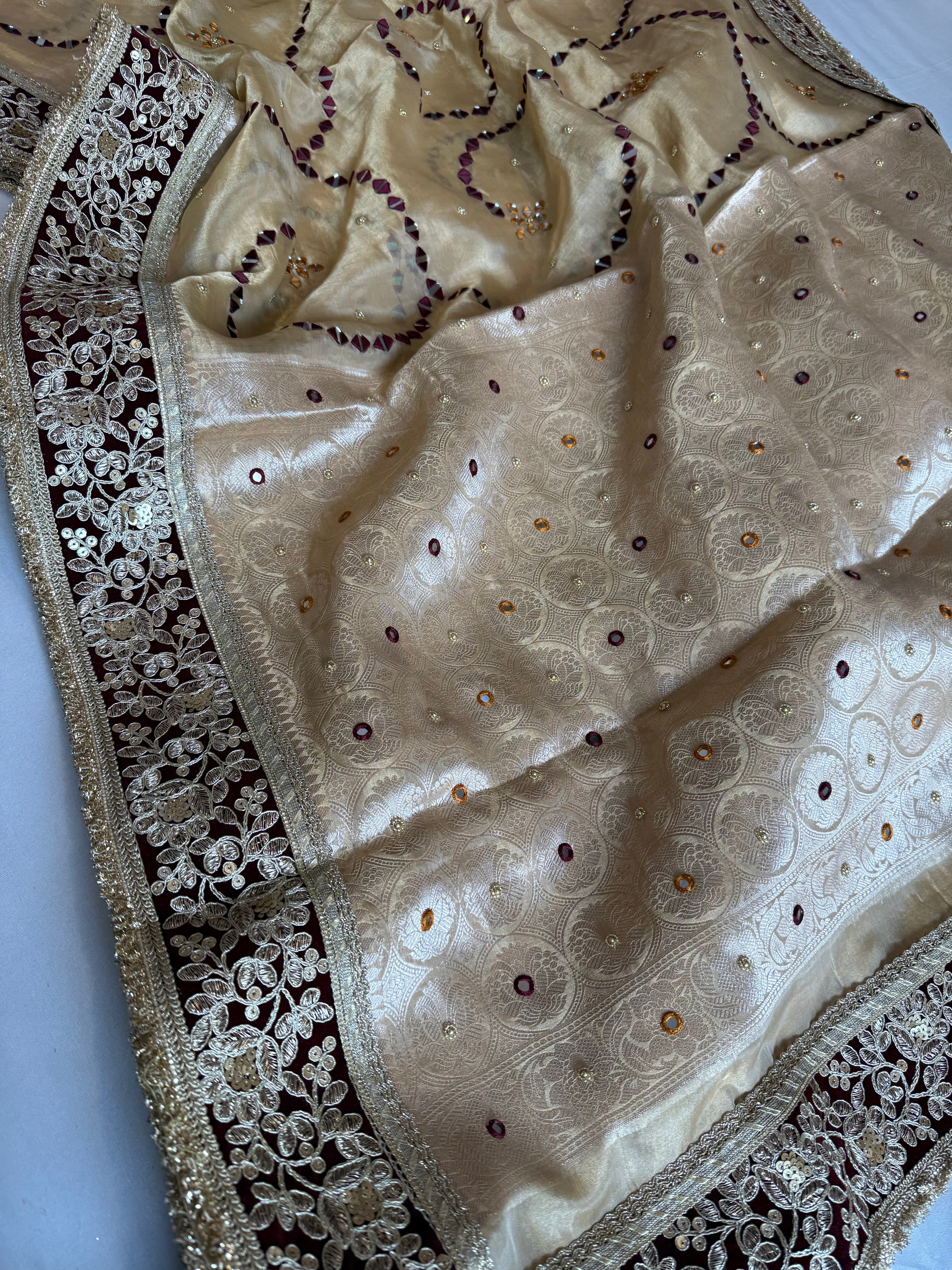 Sheesham edit - Heavy double tissue silk mirror work hand embroidered saree