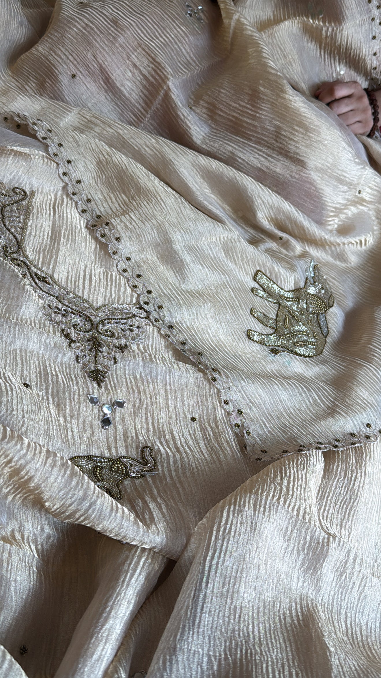 Soft golden crushed tissue silk hand embroidered heeramandi kadhwa suit set