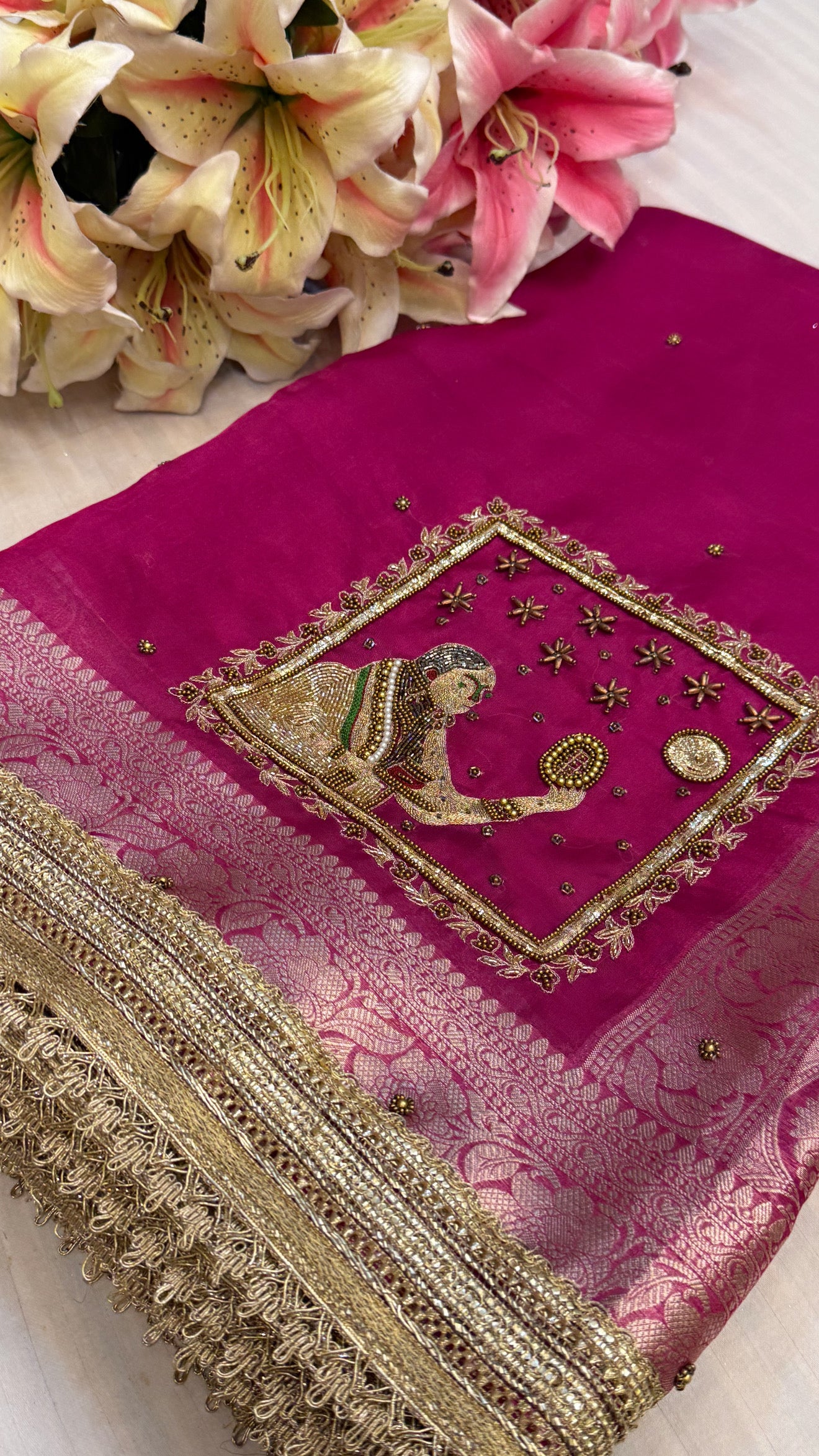 Karwachauth special - Hot metallic pink tissue silk hand embroidered kadhwa saree