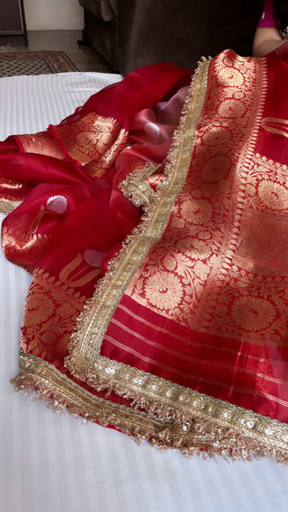 Tamatar laal shade leela kora silk kadhwa buti saree