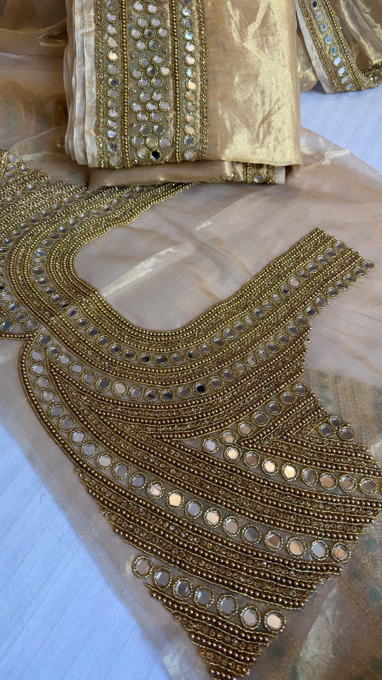 Mirror work edit - Champagne gold tissue silk mirror work heavy banarasi border saree