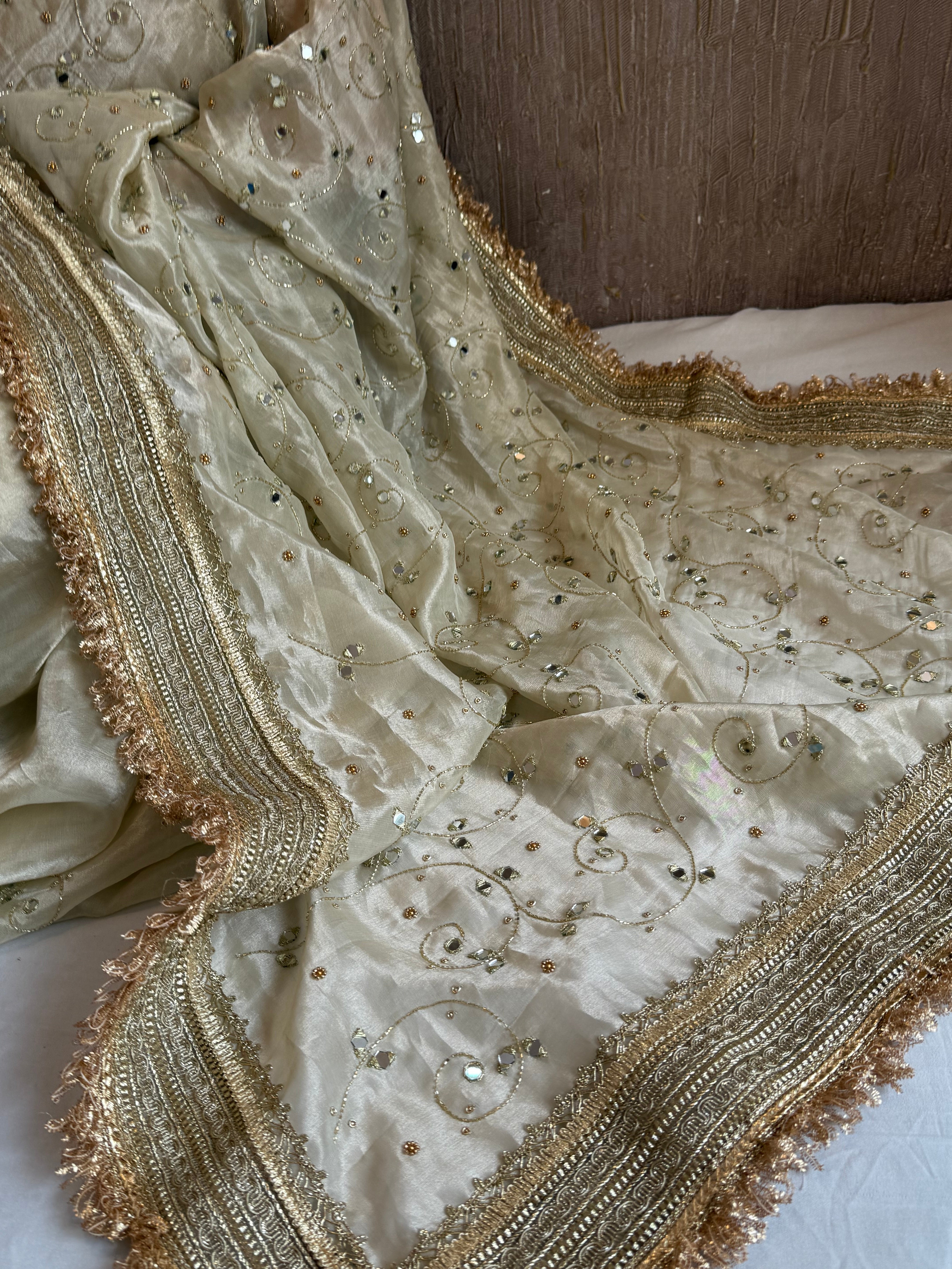 Sheesham edit - Ivory diamond tissue silk mirror work heavy hand embroidered saree