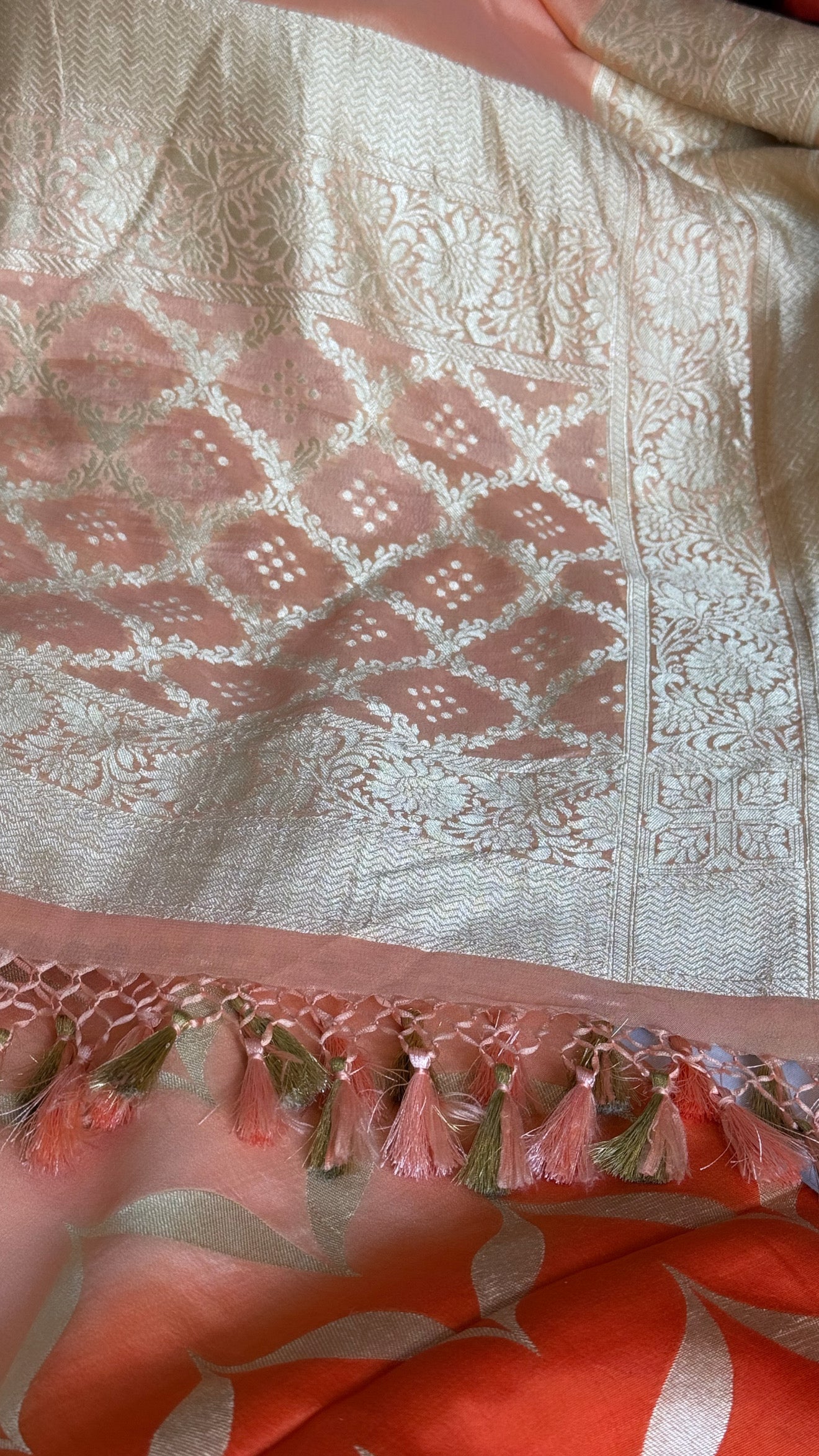 Fanta orange ombre shaded kadhwa chiniya silk kurta paired with chiffon gorgette duppata