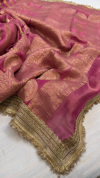 Lotus pink tissue gorgette kadhwa weaving gotapatti saree