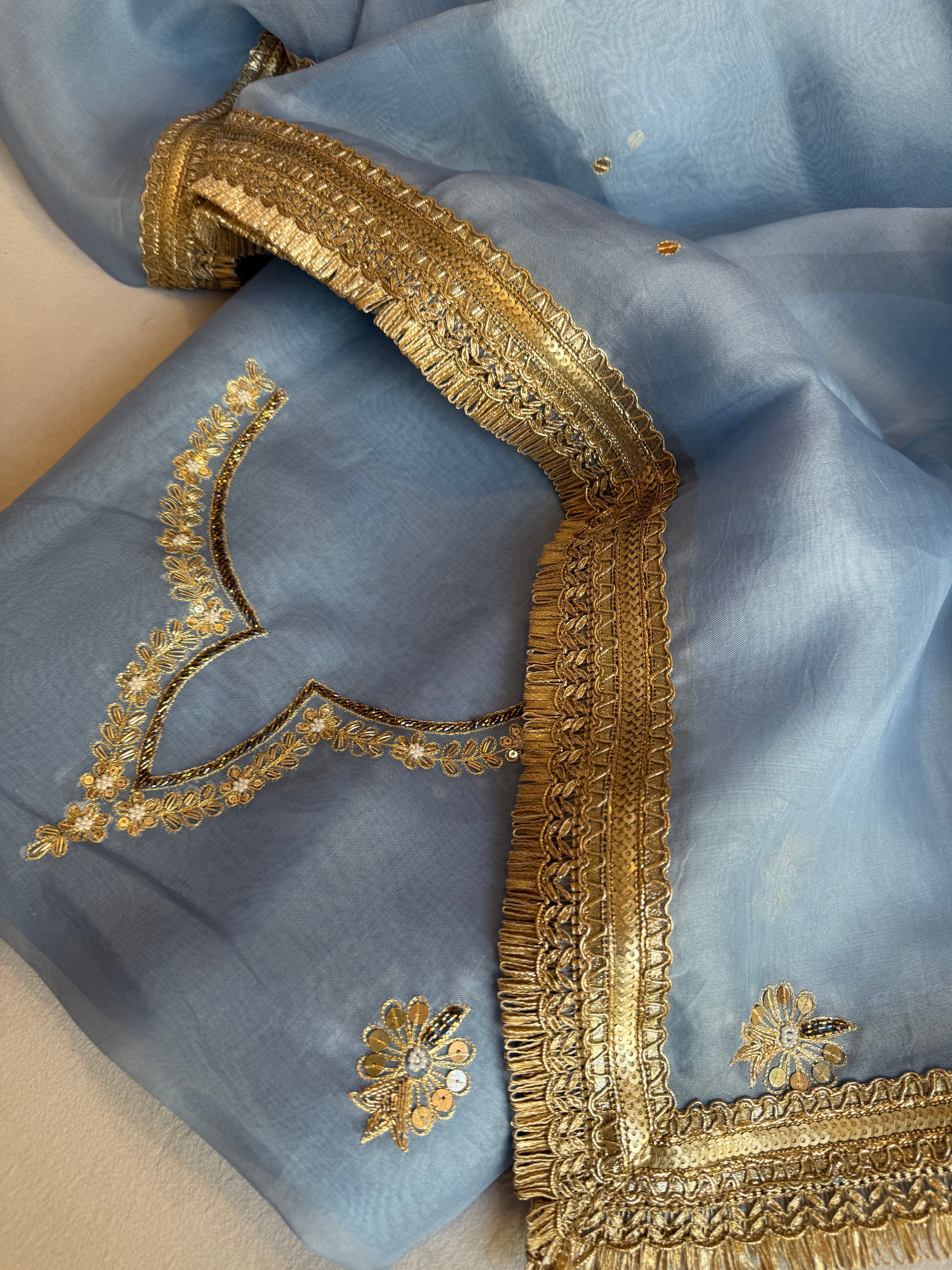 Aari and tilli hand embroidered kora silk water blue kadhwa suit set