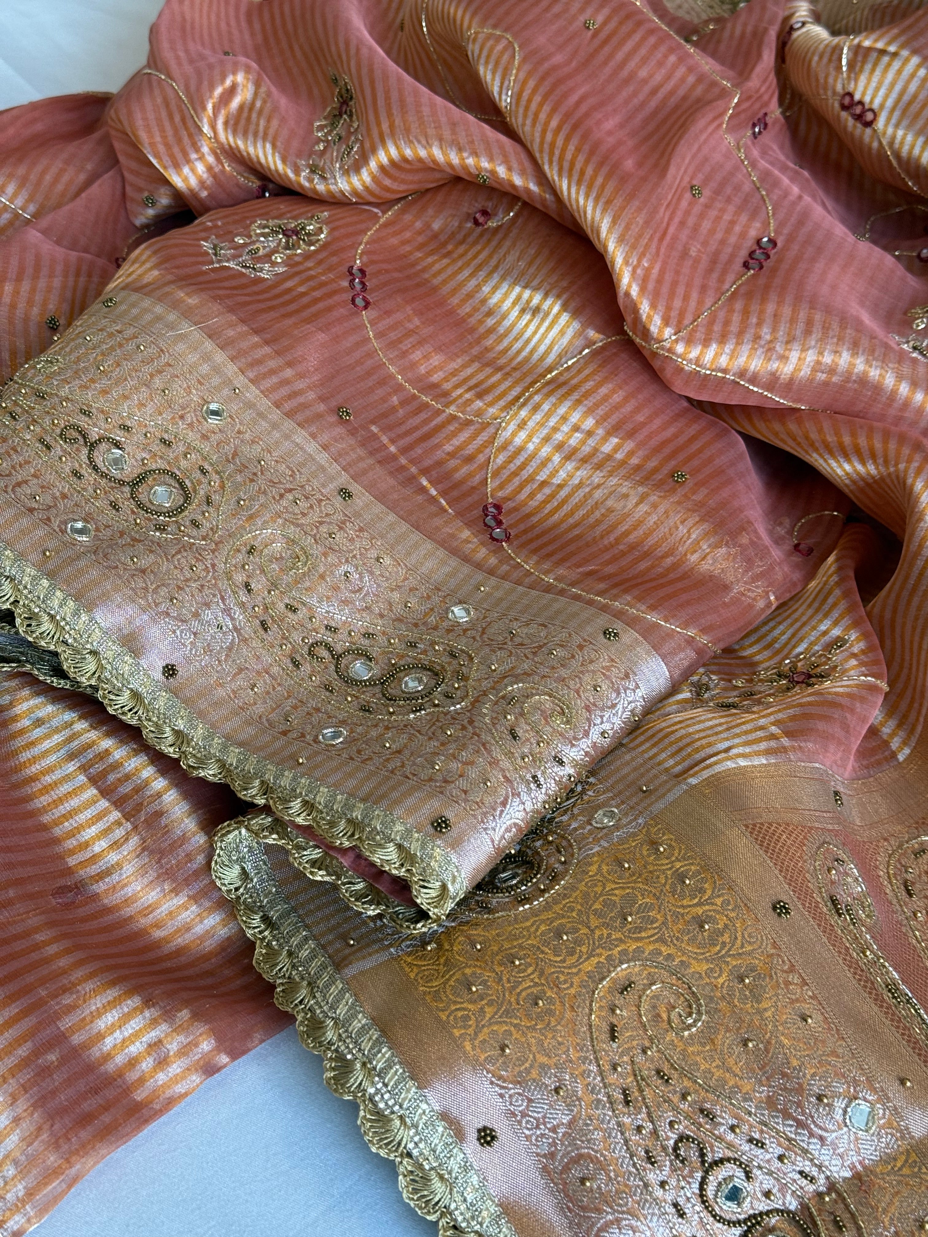 Begum bano Mirror work ambi motif peach striped tissue silk hand embroidered saree