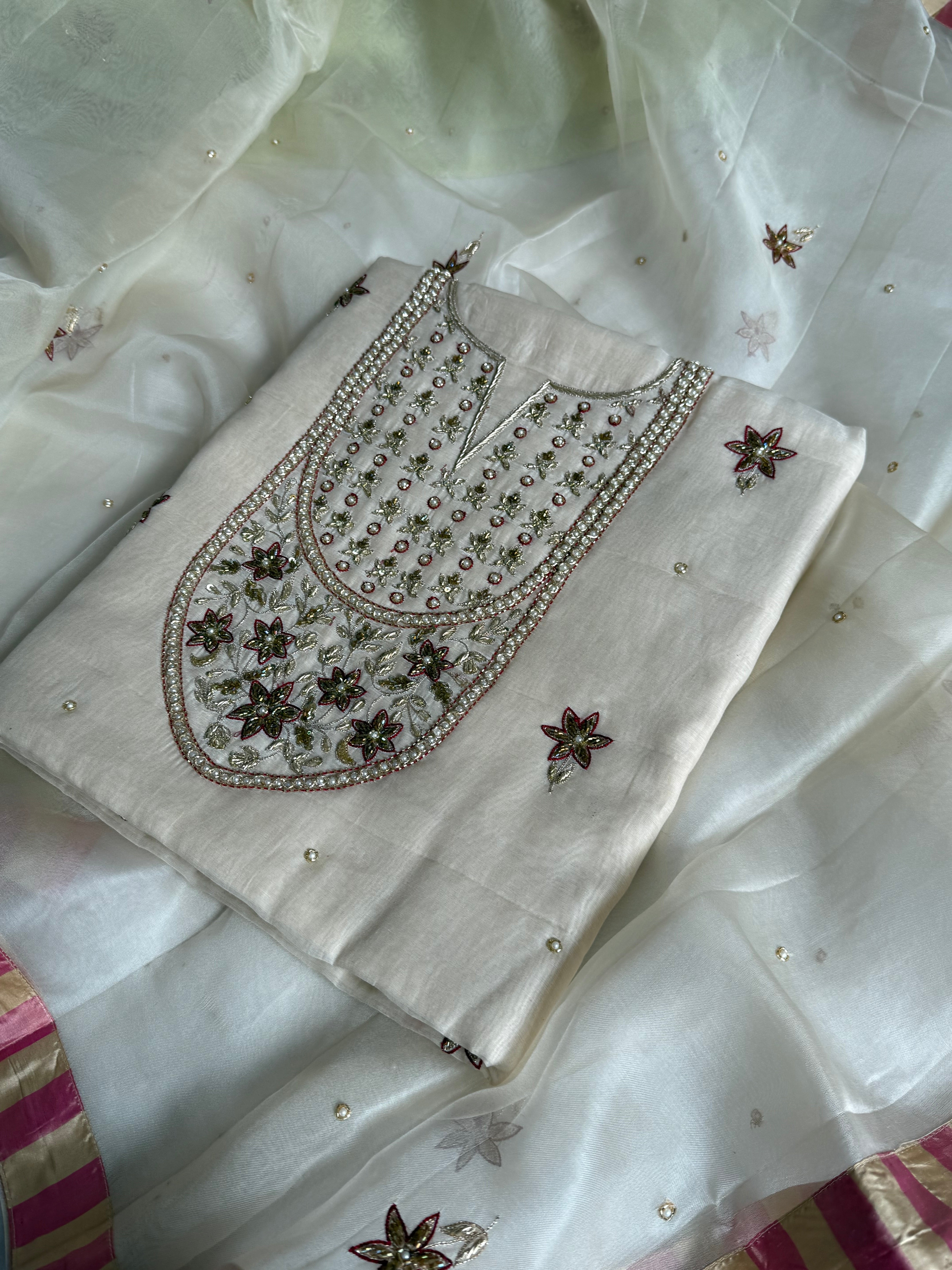 Banarasi formal wear mul cotton off white hand embroidered suit set banarasi border kora silk duppata