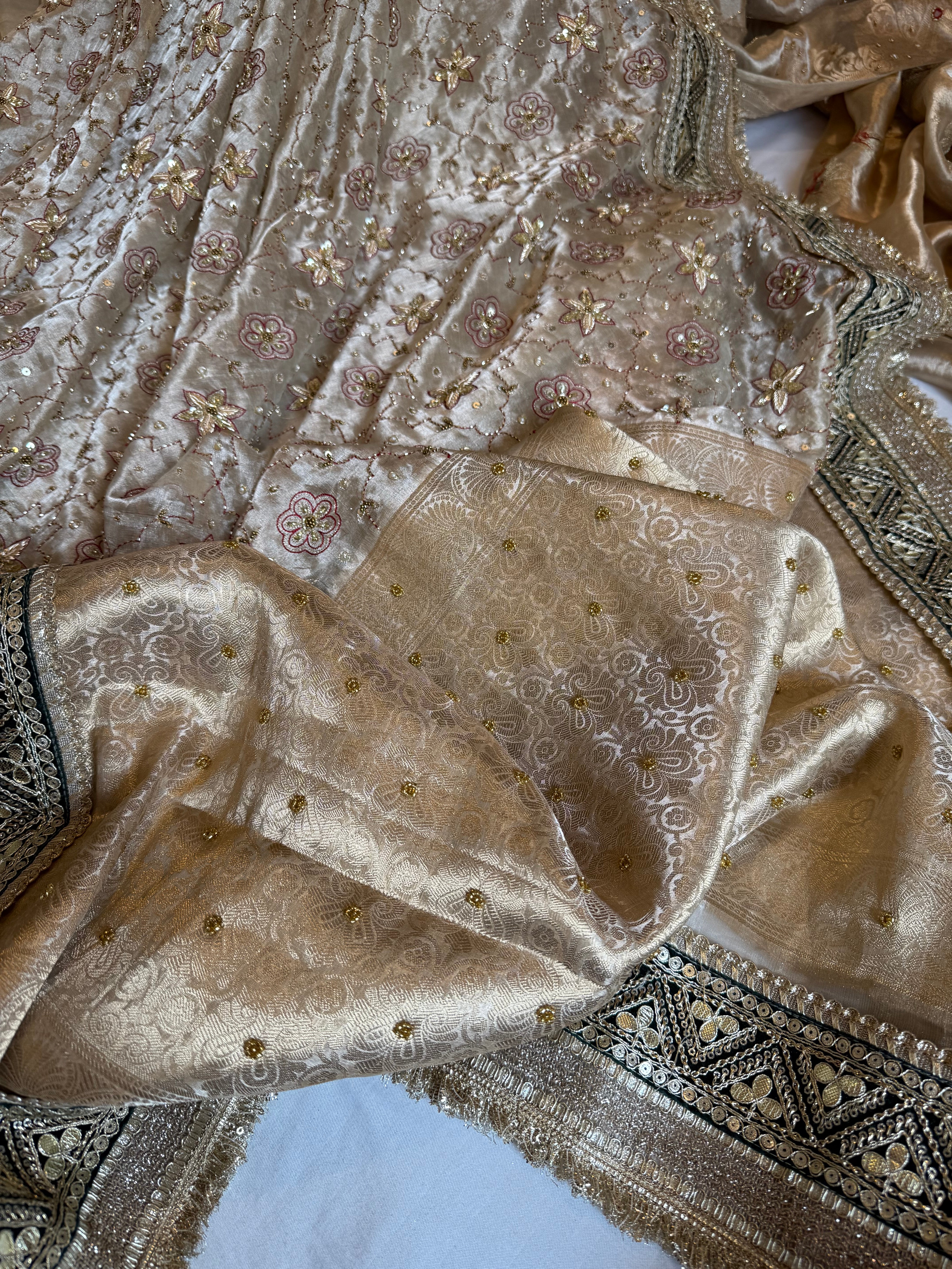 Kutchi inspired tissue silk hand embroidered heavy meenakari gharchola design saree