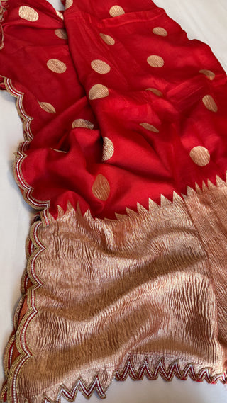 Mastani edit - Blood red moonga silk scalloped hand embroidered kadhwa saree